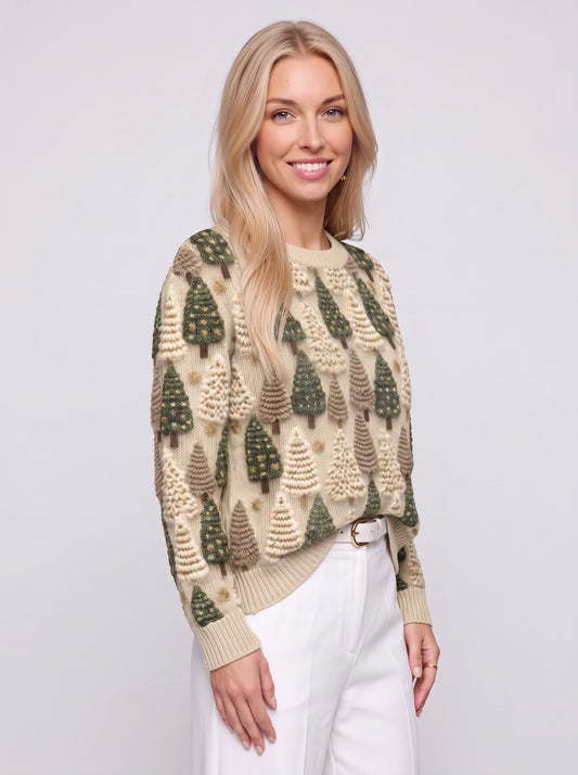 Pinova Textured Tree Knit Sweater – Women Holiday Festive Crochet Christmas Tree Crew Neck Pullover
