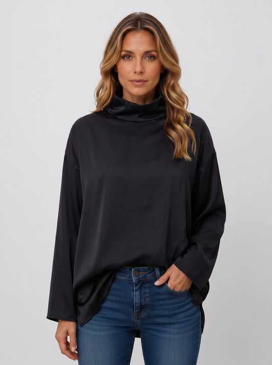 Blouse Drapelle à col roulé - Coupe oversize en satin, manches longues, style décontracté pour femme, tenue de bureau confortable