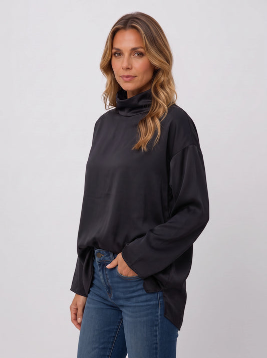 Blouse Drapelle à col roulé - Coupe oversize en satin, manches longues, style décontracté pour femme, tenue de bureau confortable
