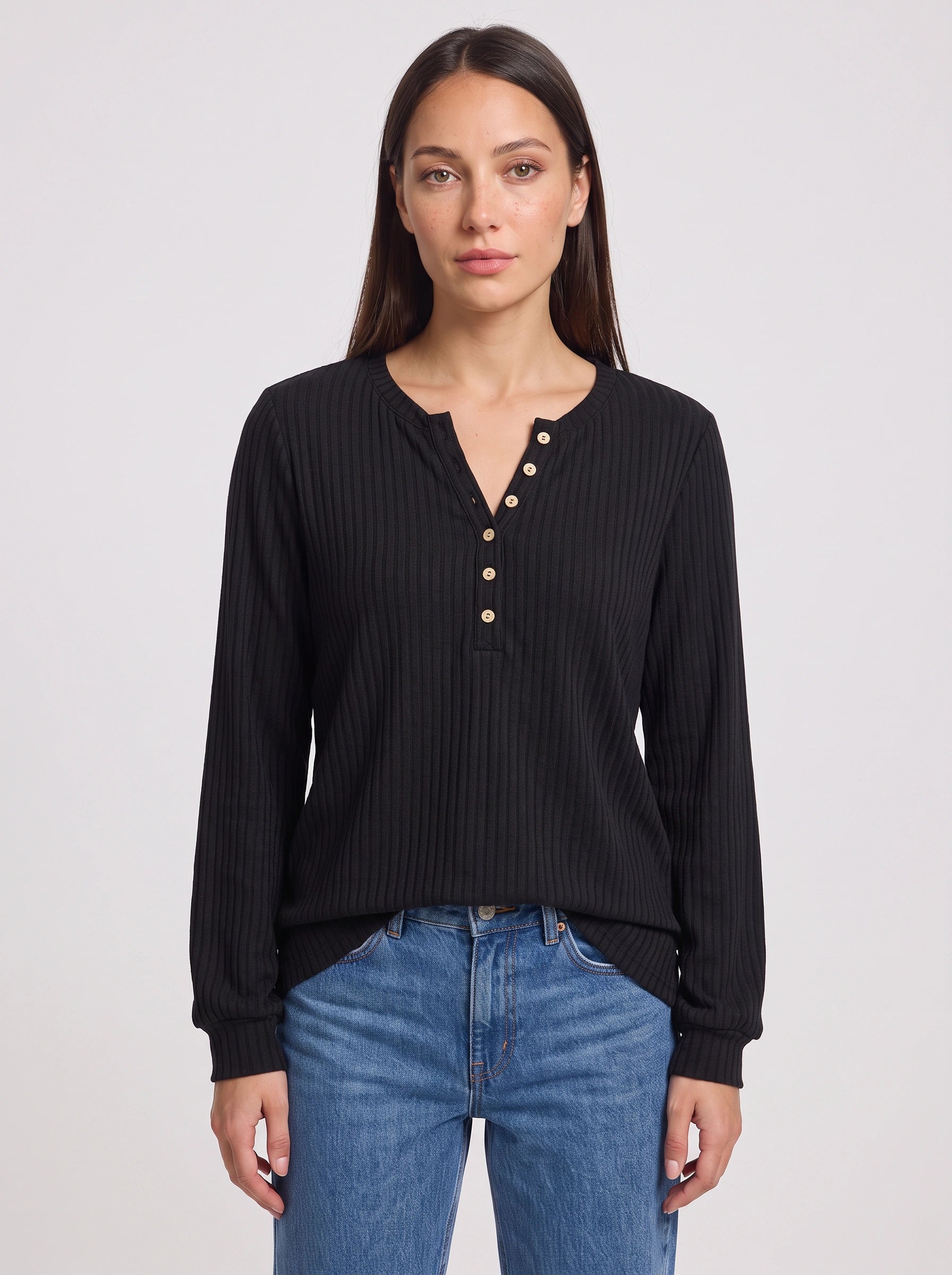 Haut en maille Henley côtelée Ribcast – Haut décontracté pour femme à manches longues, côtelé, avec boutons sur le devant, automne