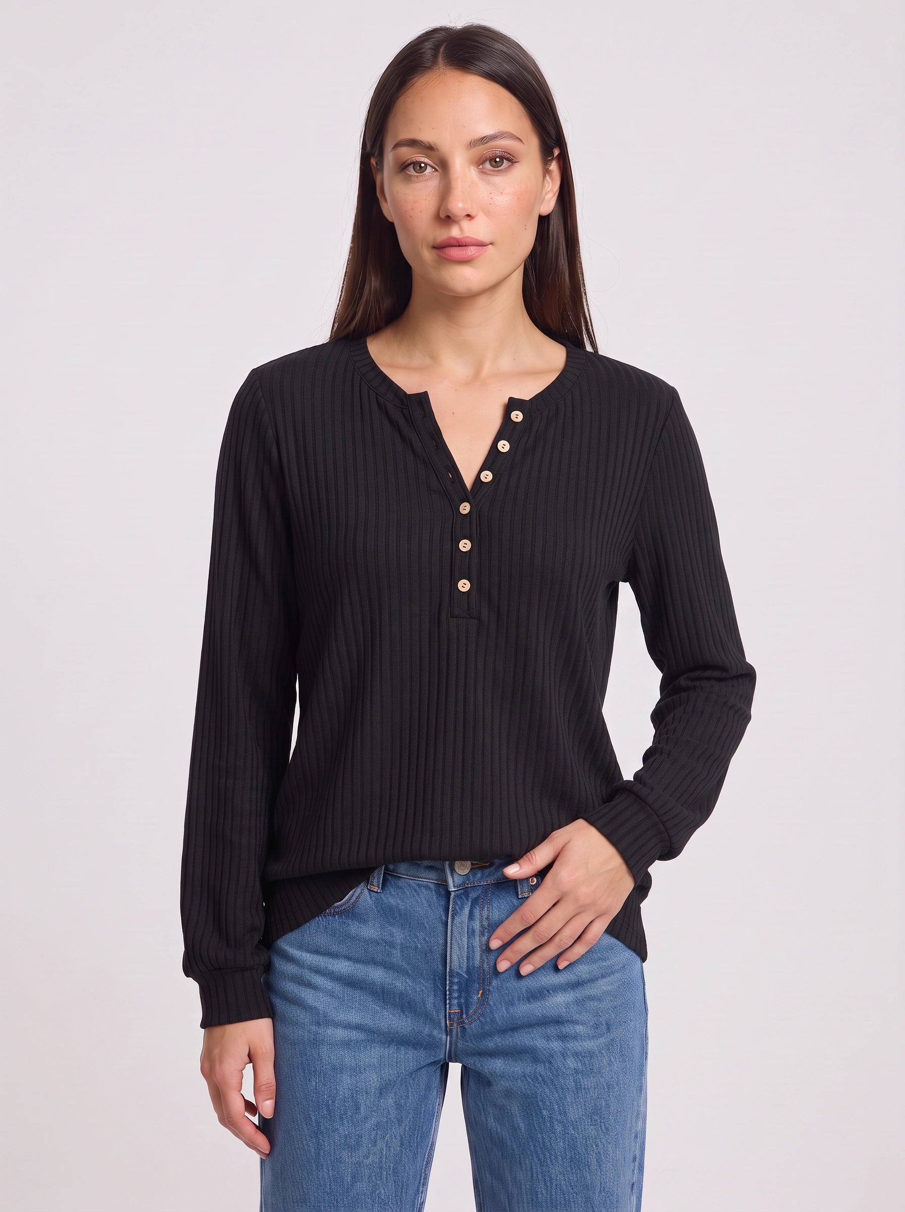 Haut en maille Henley côtelée Ribcast – Haut décontracté pour femme à manches longues, côtelé, avec boutons sur le devant, automne