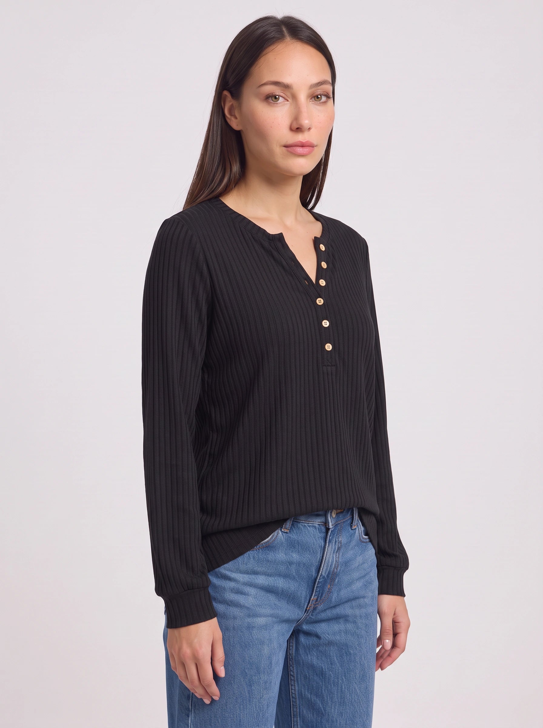 Haut en maille Henley côtelée Ribcast – Haut décontracté pour femme à manches longues, côtelé, avec boutons sur le devant, automne