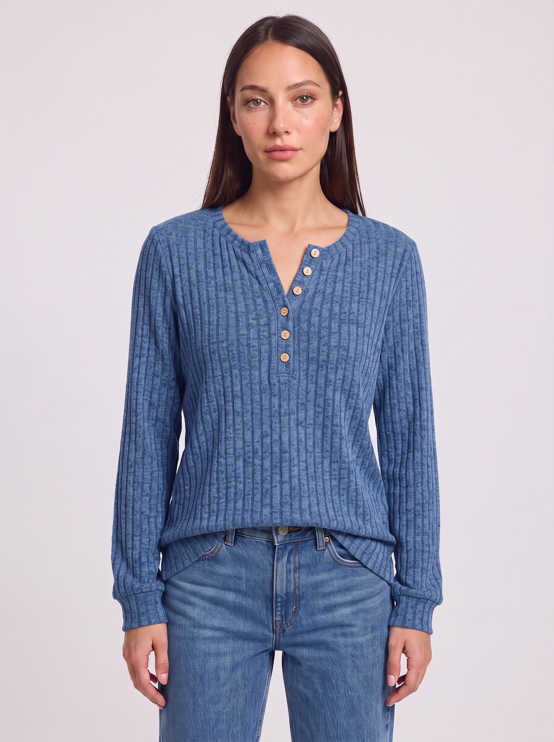 Haut en maille Henley côtelée Ribcast – Haut décontracté pour femme à manches longues, côtelé, avec boutons sur le devant, automne
