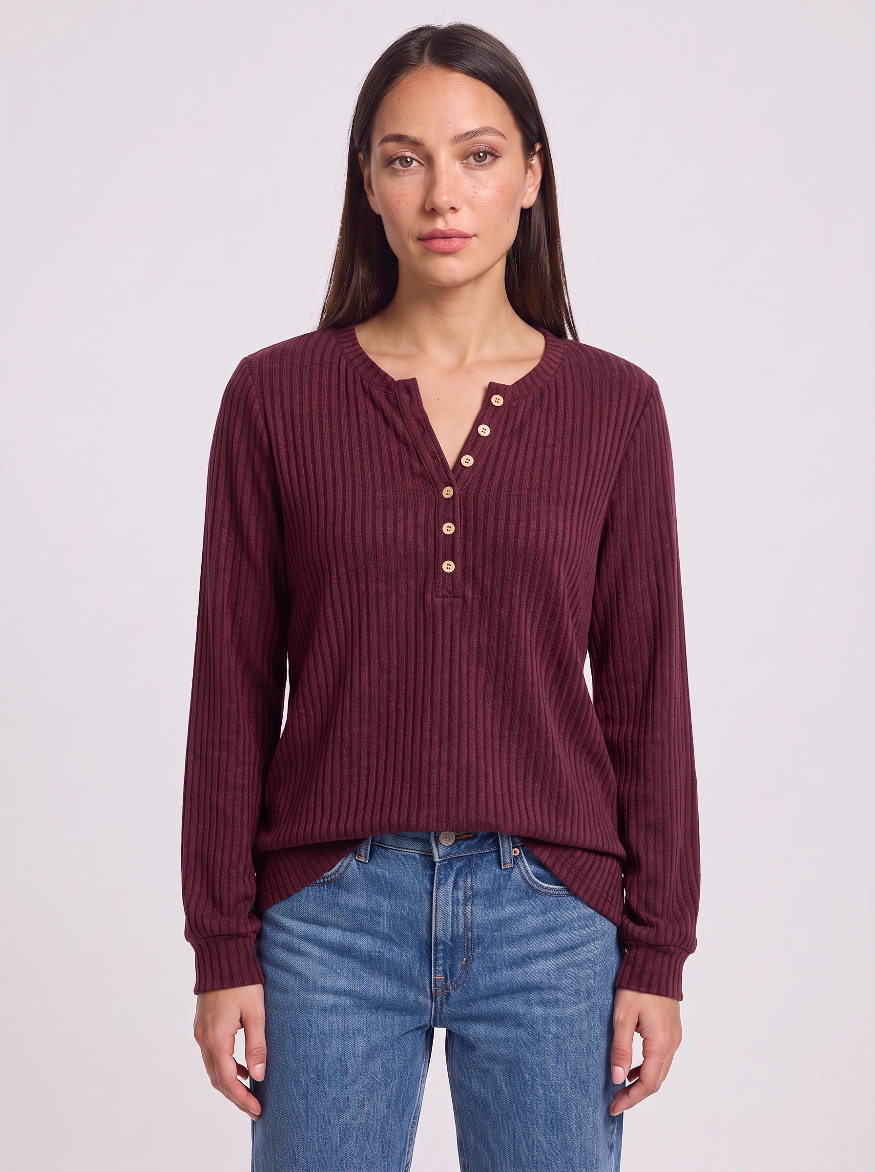Haut en maille Henley côtelée Ribcast – Haut décontracté pour femme à manches longues, côtelé, avec boutons sur le devant, automne