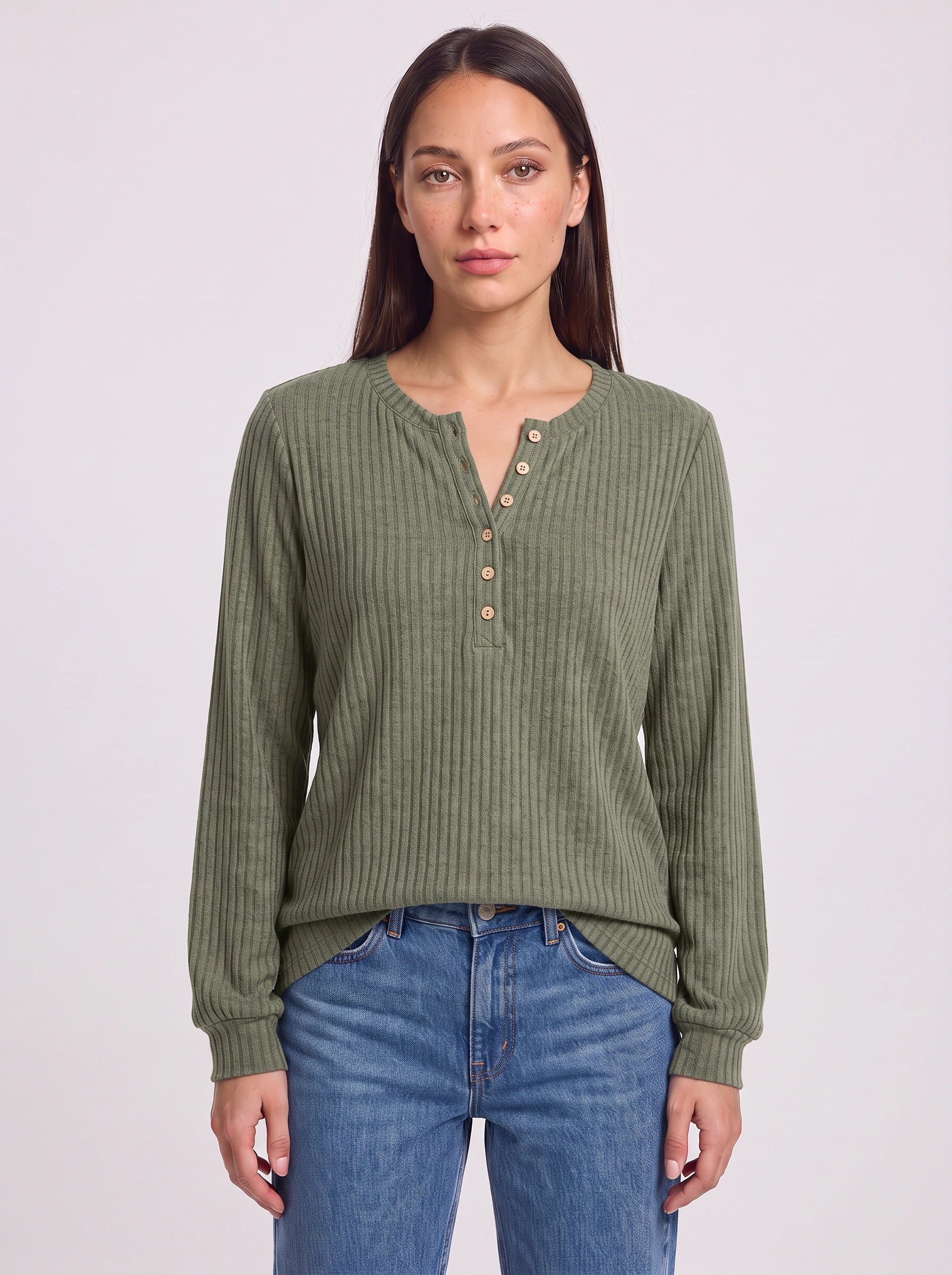 Haut en maille Henley côtelée Ribcast – Haut décontracté pour femme à manches longues, côtelé, avec boutons sur le devant, automne