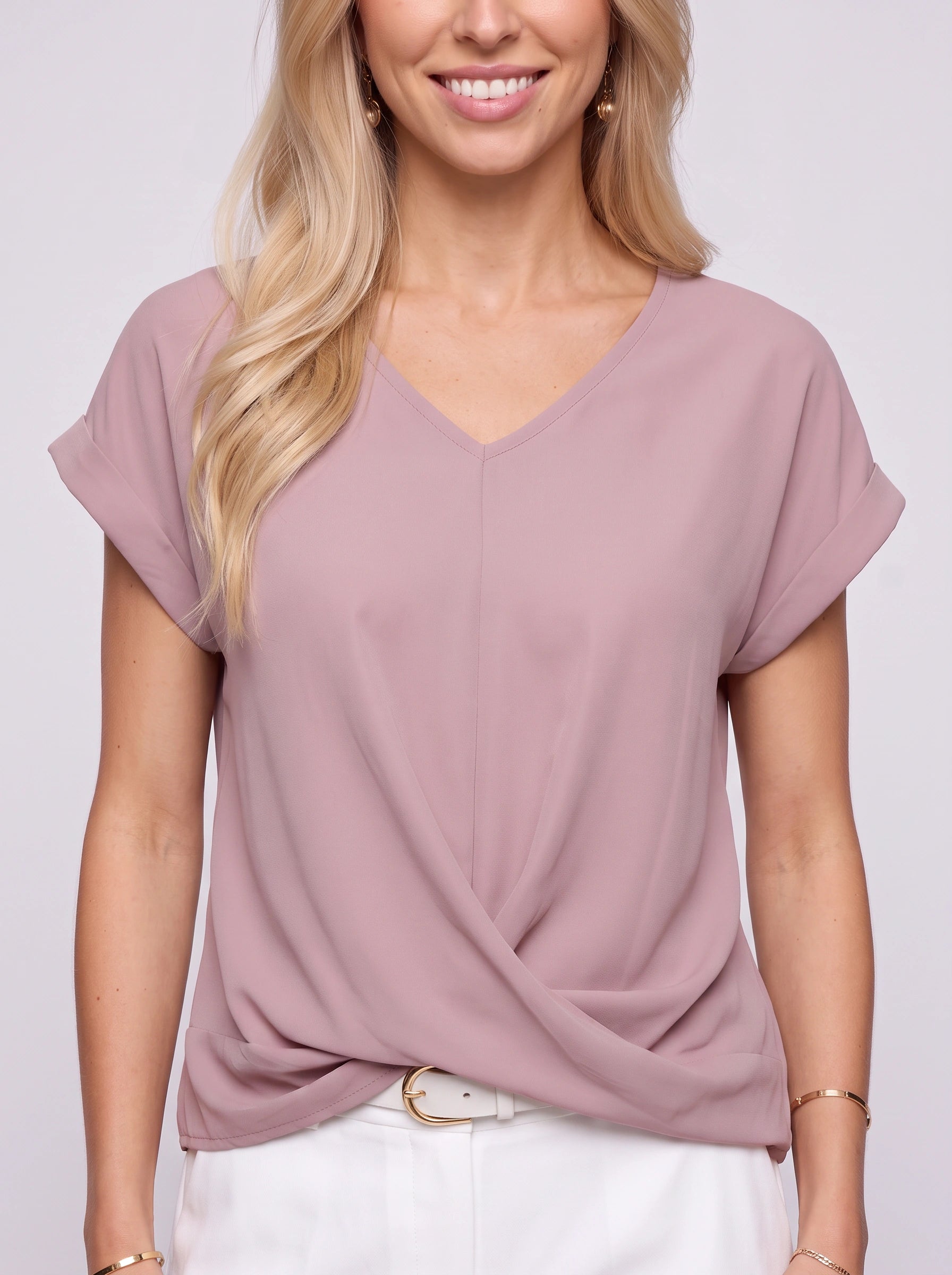 Blouse à col V et devant torsadé Riparo – Haut polyvalent pour femme, coupe décontractée et drapée, manches courtes, style casual, travail et bureau