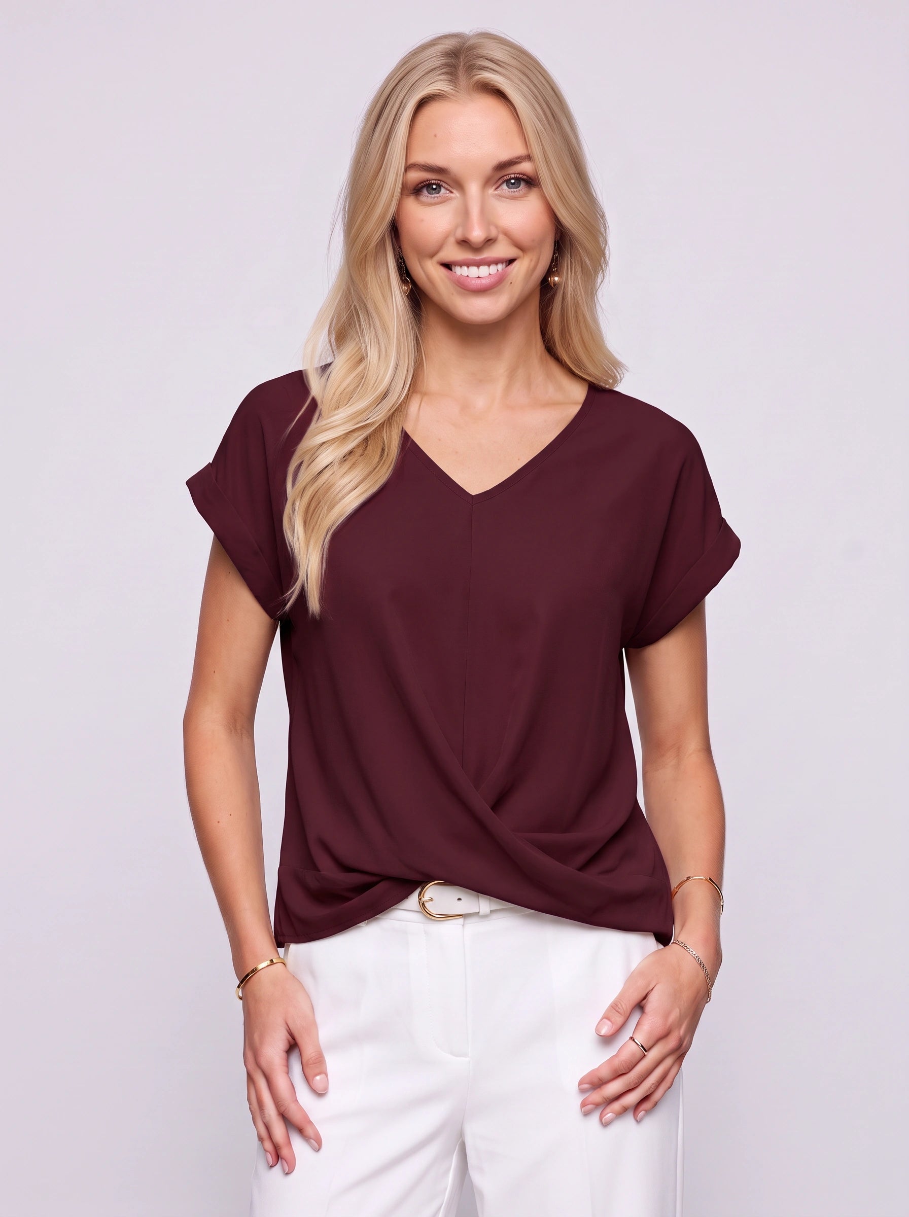 Blouse à col V et devant torsadé Riparo – Haut polyvalent pour femme, coupe décontractée et drapée, manches courtes, style casual, travail et bureau