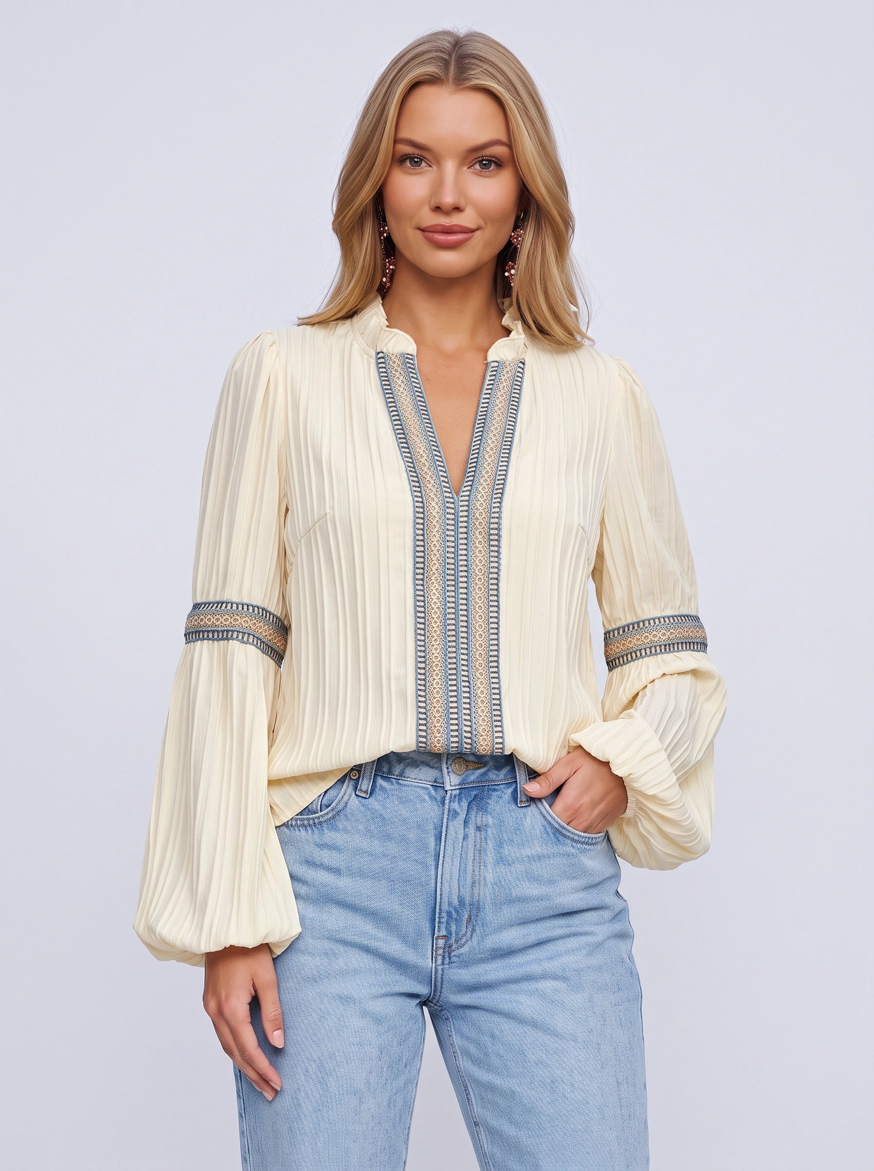 Blouse brodée à col V Plienta – Tunique bohème à manches longues pour femme, style paysan, automne