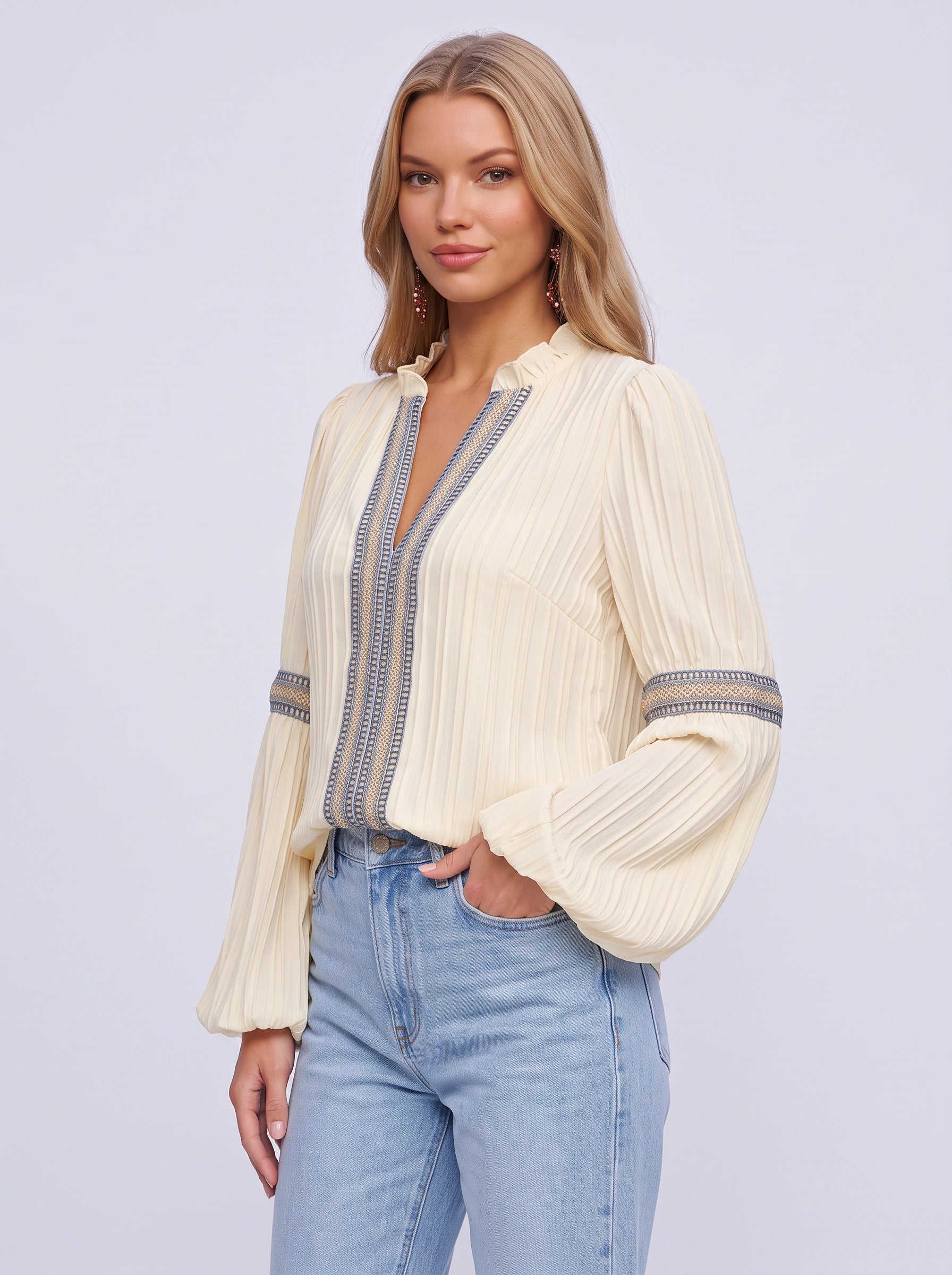 Blouse brodée à col V Plienta – Tunique bohème à manches longues pour femme, style paysan, automne