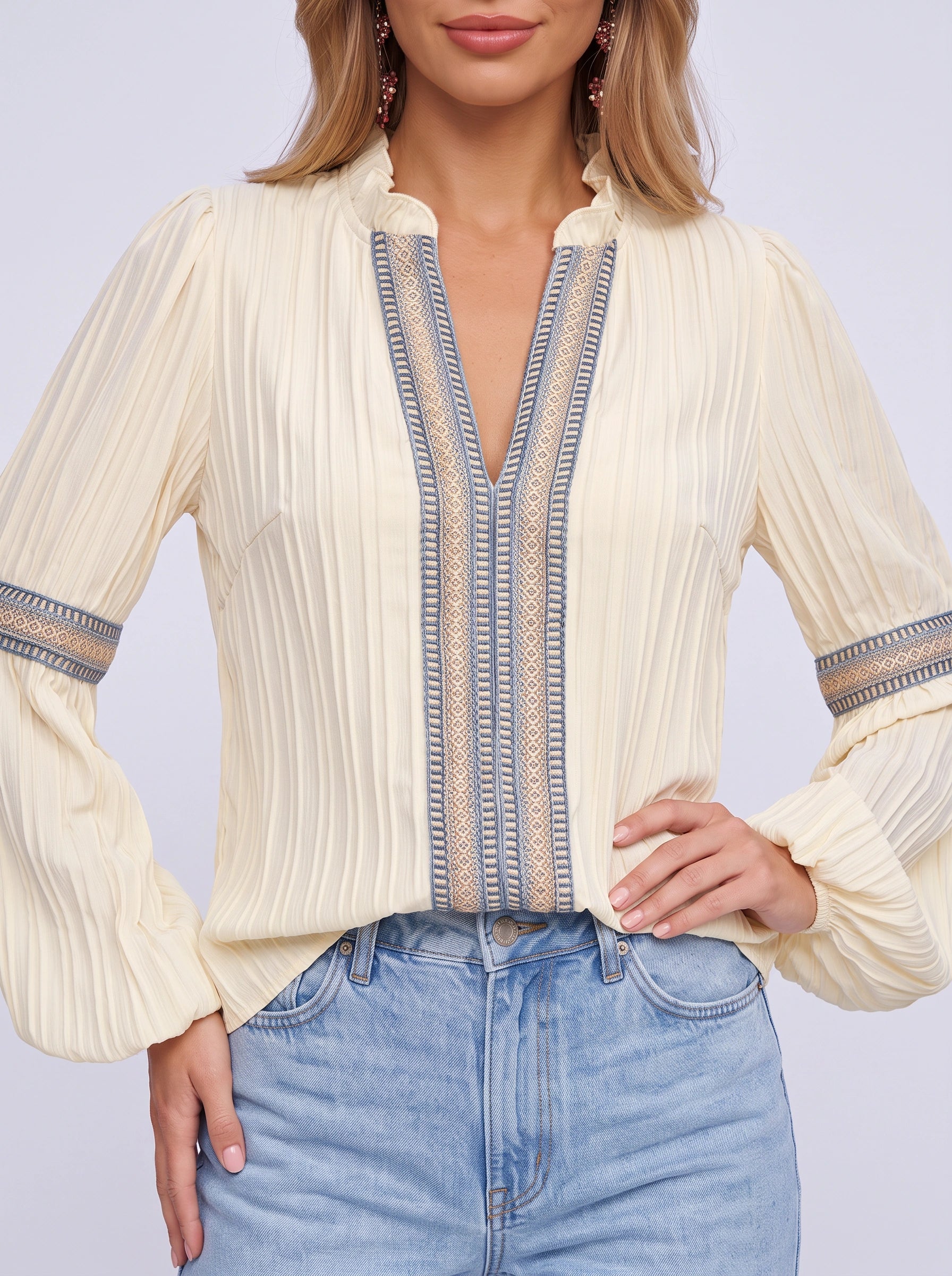 Blouse brodée à col V Plienta – Tunique bohème à manches longues pour femme, style paysan, automne