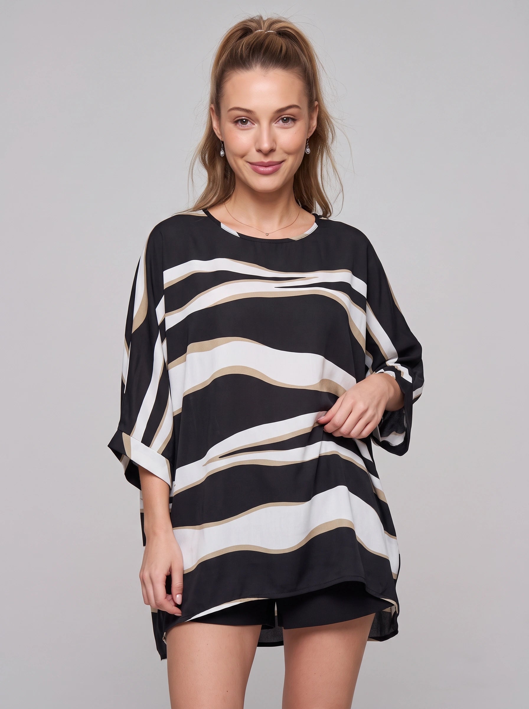 Tunique oversize à rayures Ondara – Tunique élégante et décontractée pour femme, manches chauve-souris, coupe ample, vêtement d'intérieur