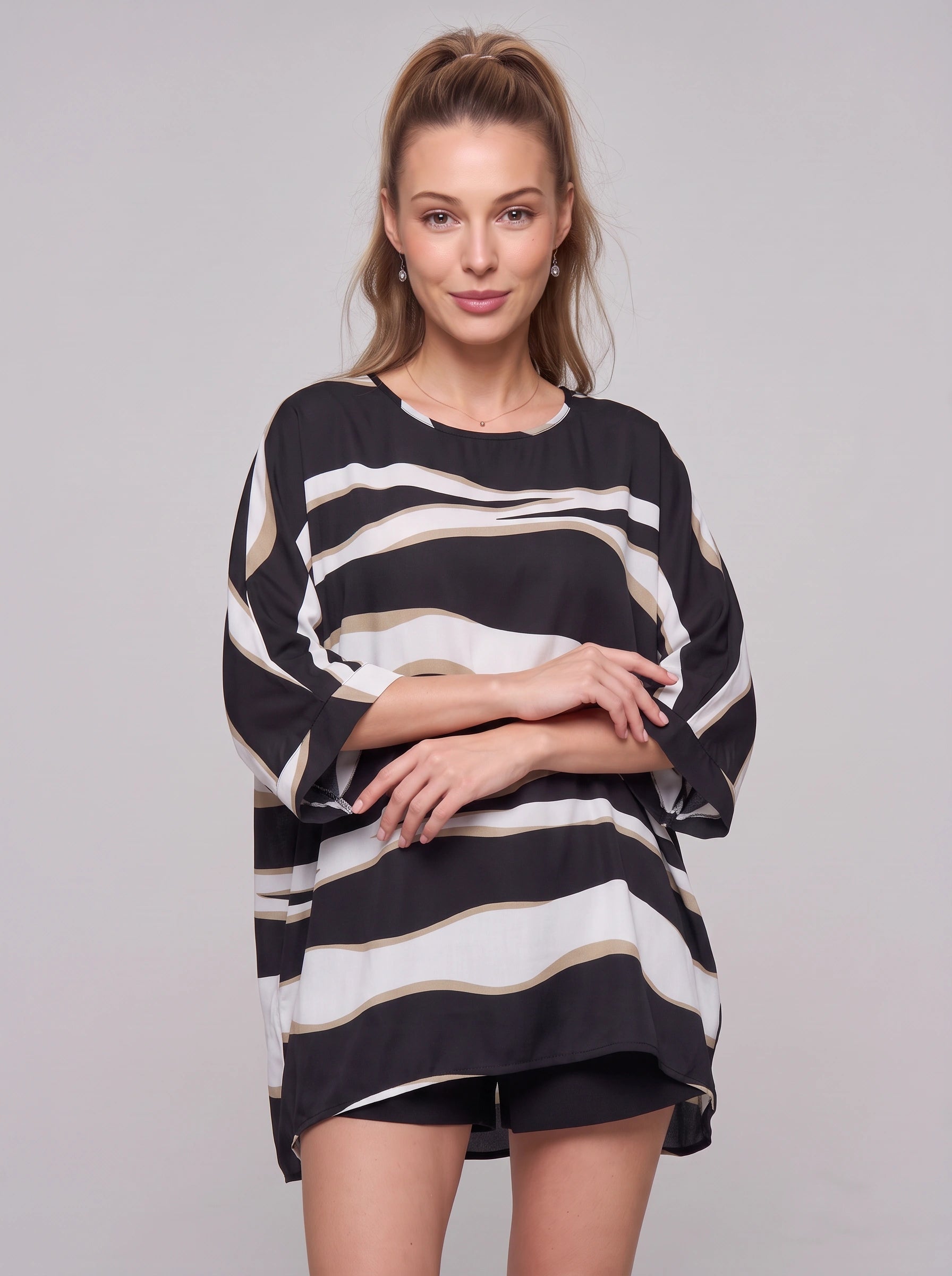 Tunique oversize à rayures Ondara – Tunique élégante et décontractée pour femme, manches chauve-souris, coupe ample, vêtement d'intérieur