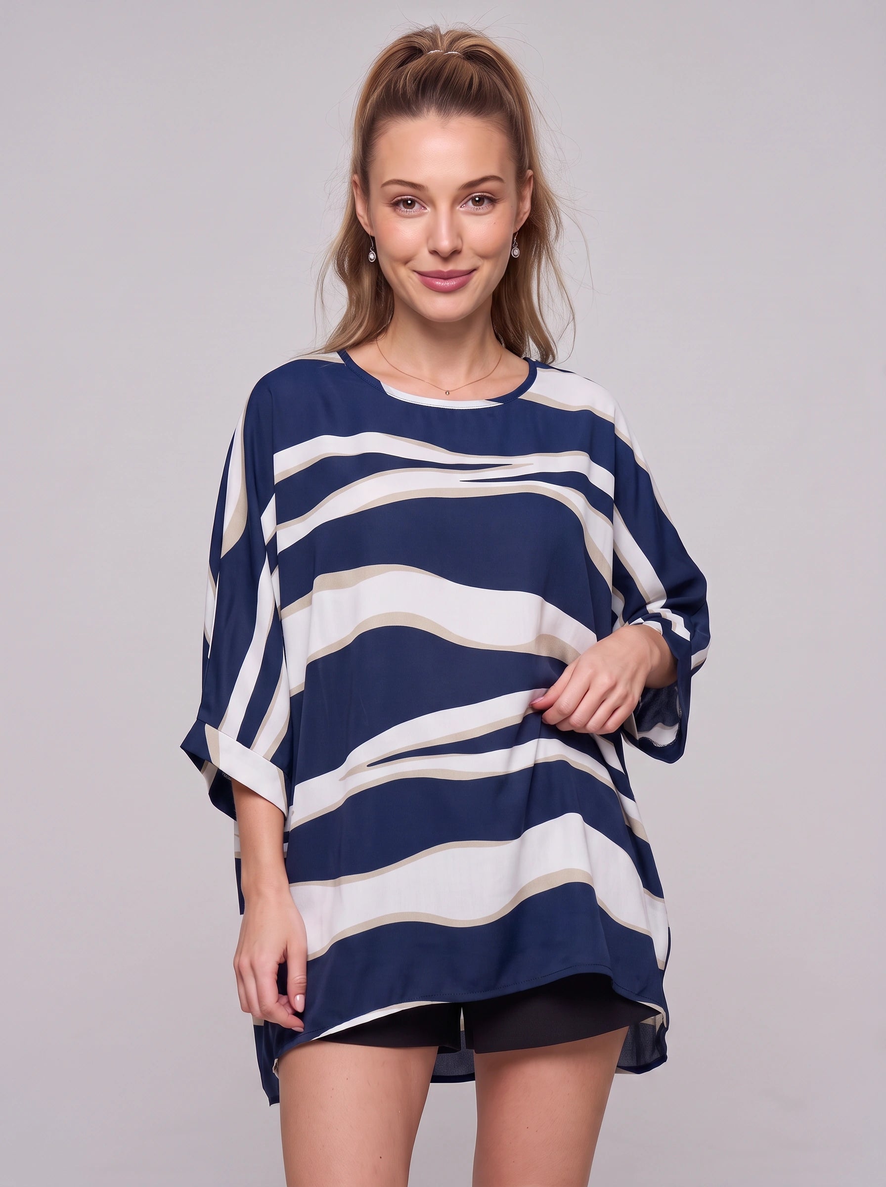 Tunique oversize à rayures Ondara – Tunique élégante et décontractée pour femme, manches chauve-souris, coupe ample, vêtement d'intérieur