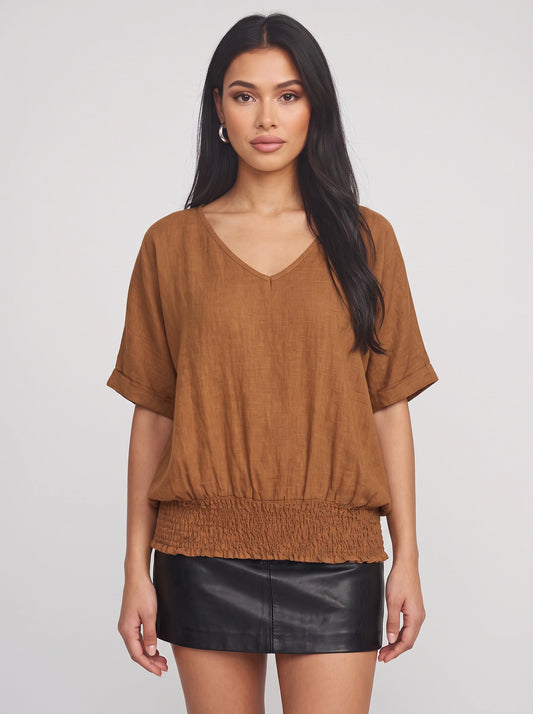Terama Smocked Hem V-Neck Top – Women Relaxed Fit Oversized Casual Loungewear Short Sleeve Blouse