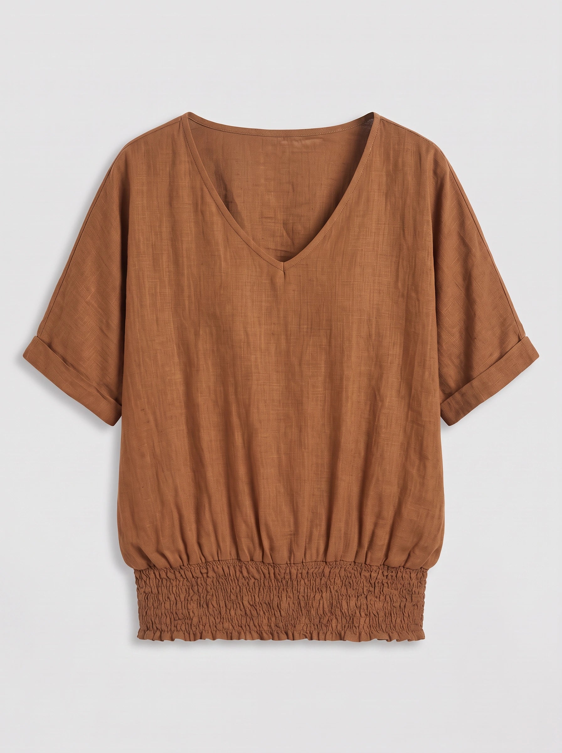 Top Terama à ourlet smocké et encolure en V – Femme, coupe décontractée oversize, vêtement d’intérieur casual à manches courtes