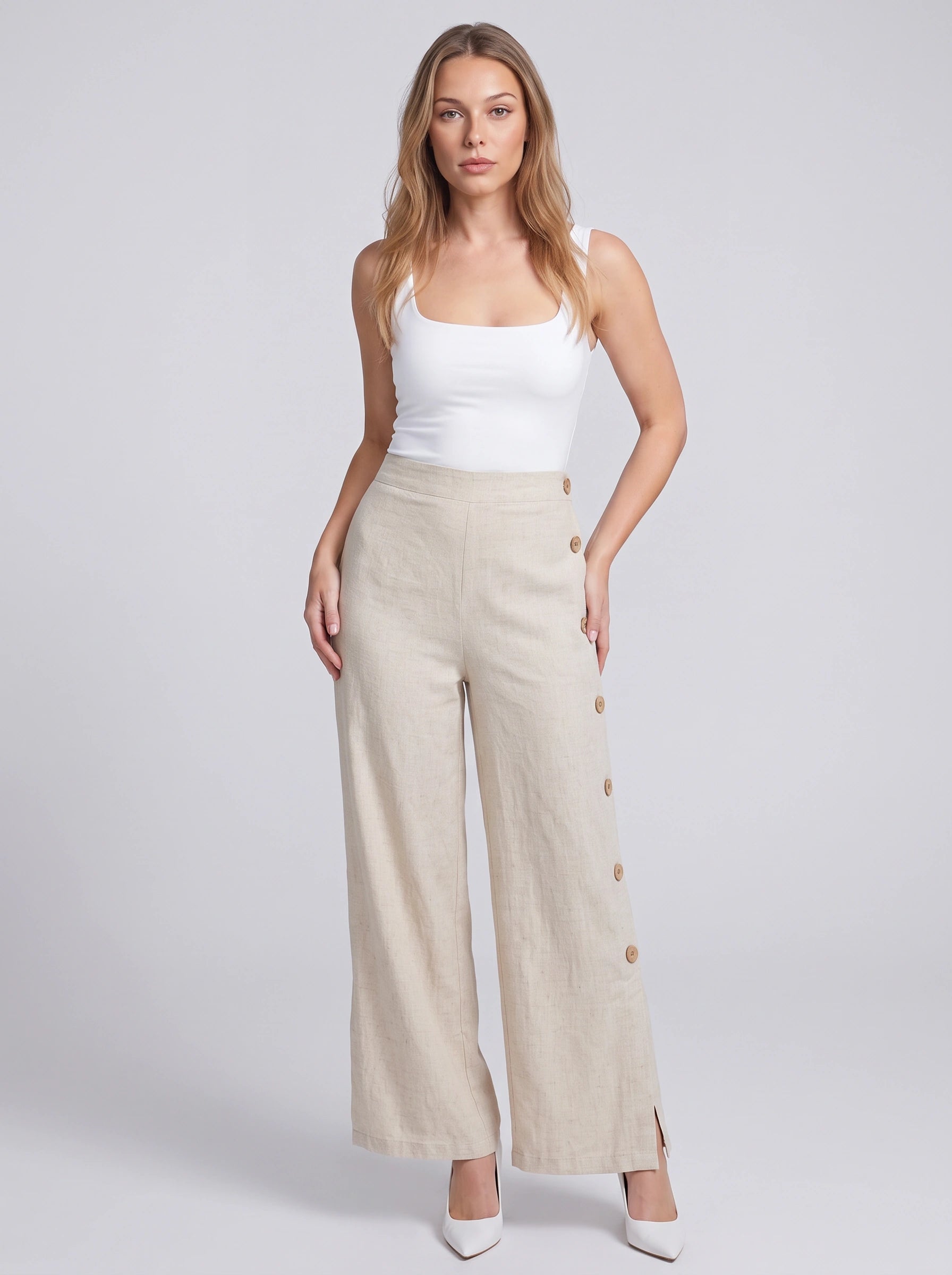 Pantalon Linaro en lin à jambes larges et détails boutonnés – Femme, taille haute, style casual de bureau, pantalon chic