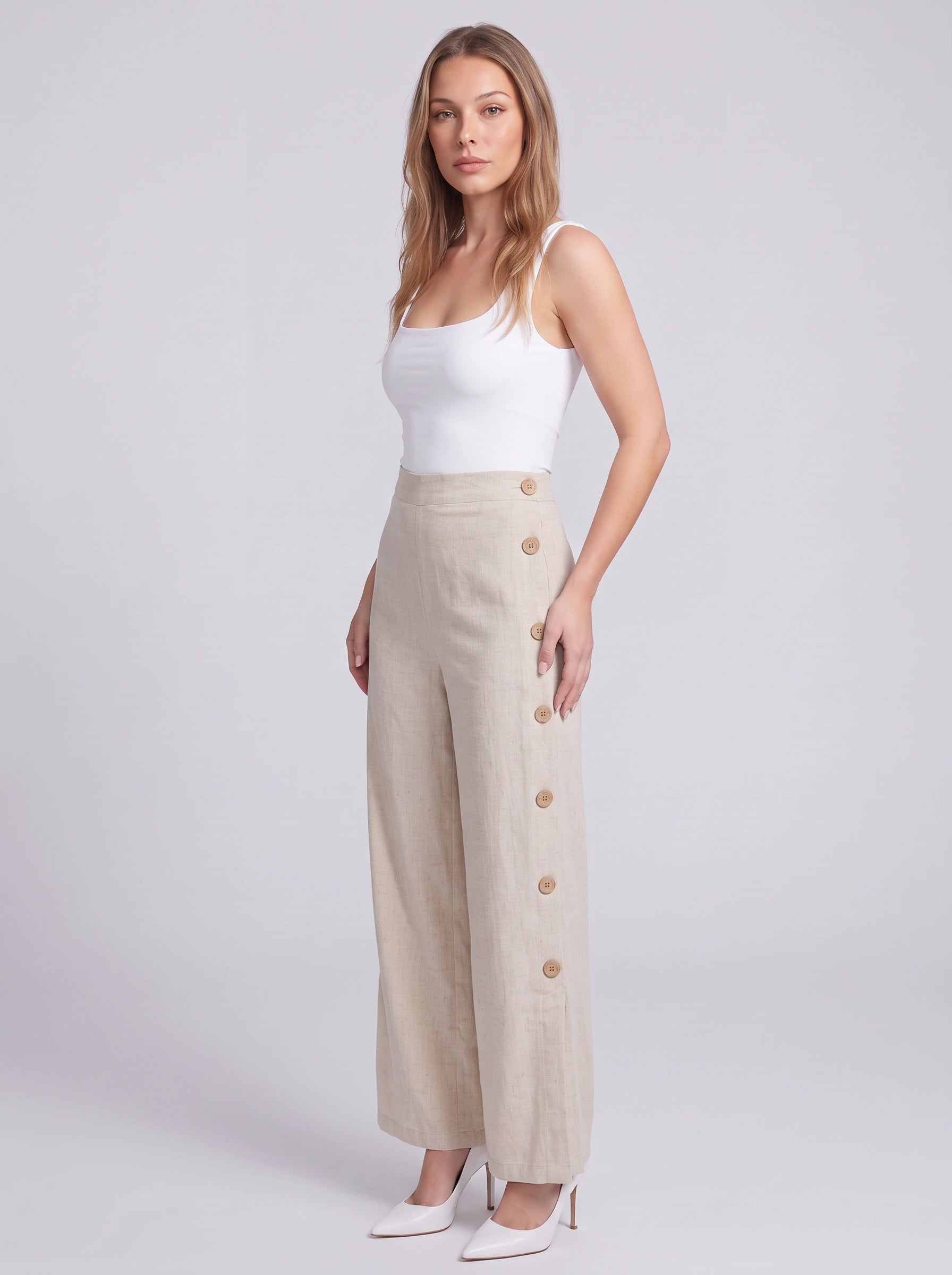 Pantalon Linaro en lin à jambes larges et détails boutonnés – Femme, taille haute, style casual de bureau, pantalon chic