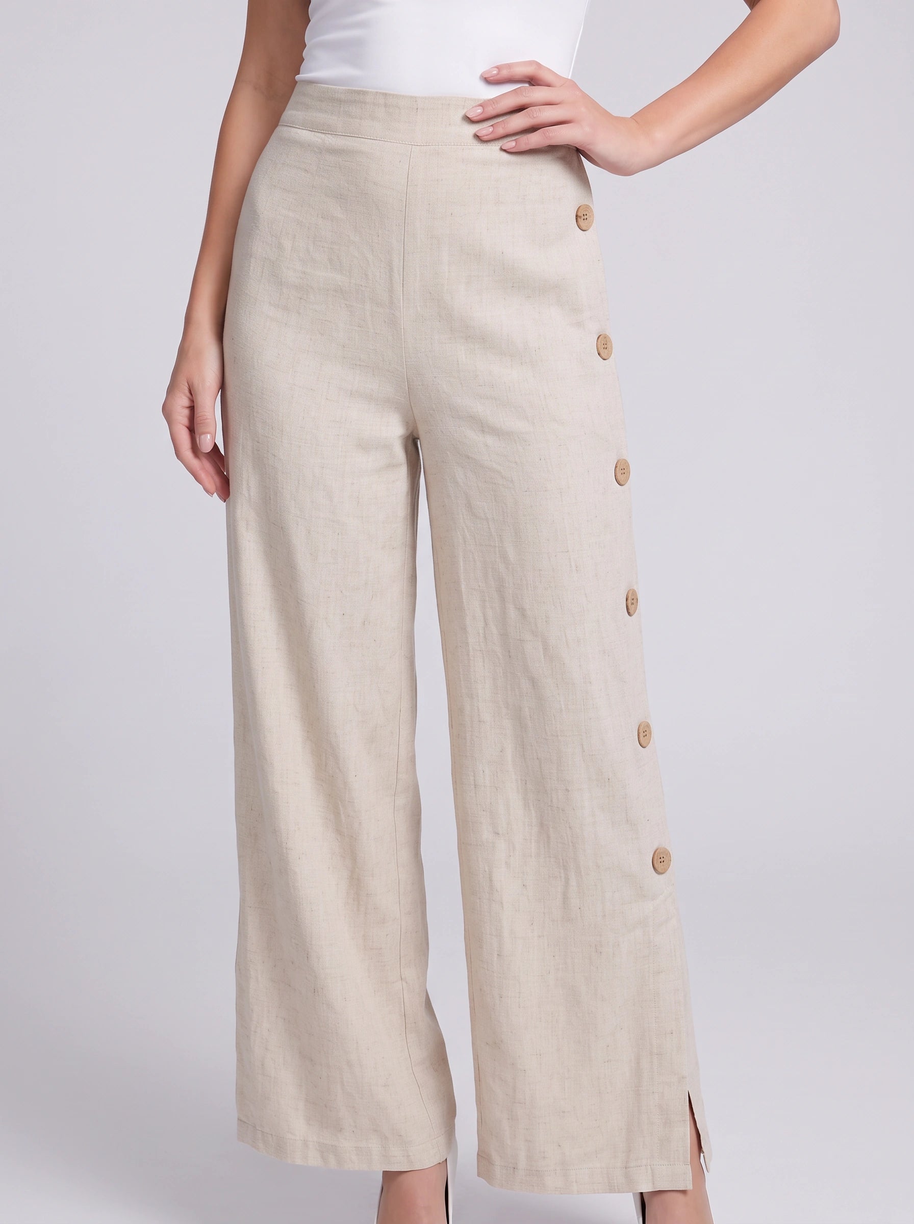 Pantalon Linaro en lin à jambes larges et détails boutonnés – Femme, taille haute, style casual de bureau, pantalon chic