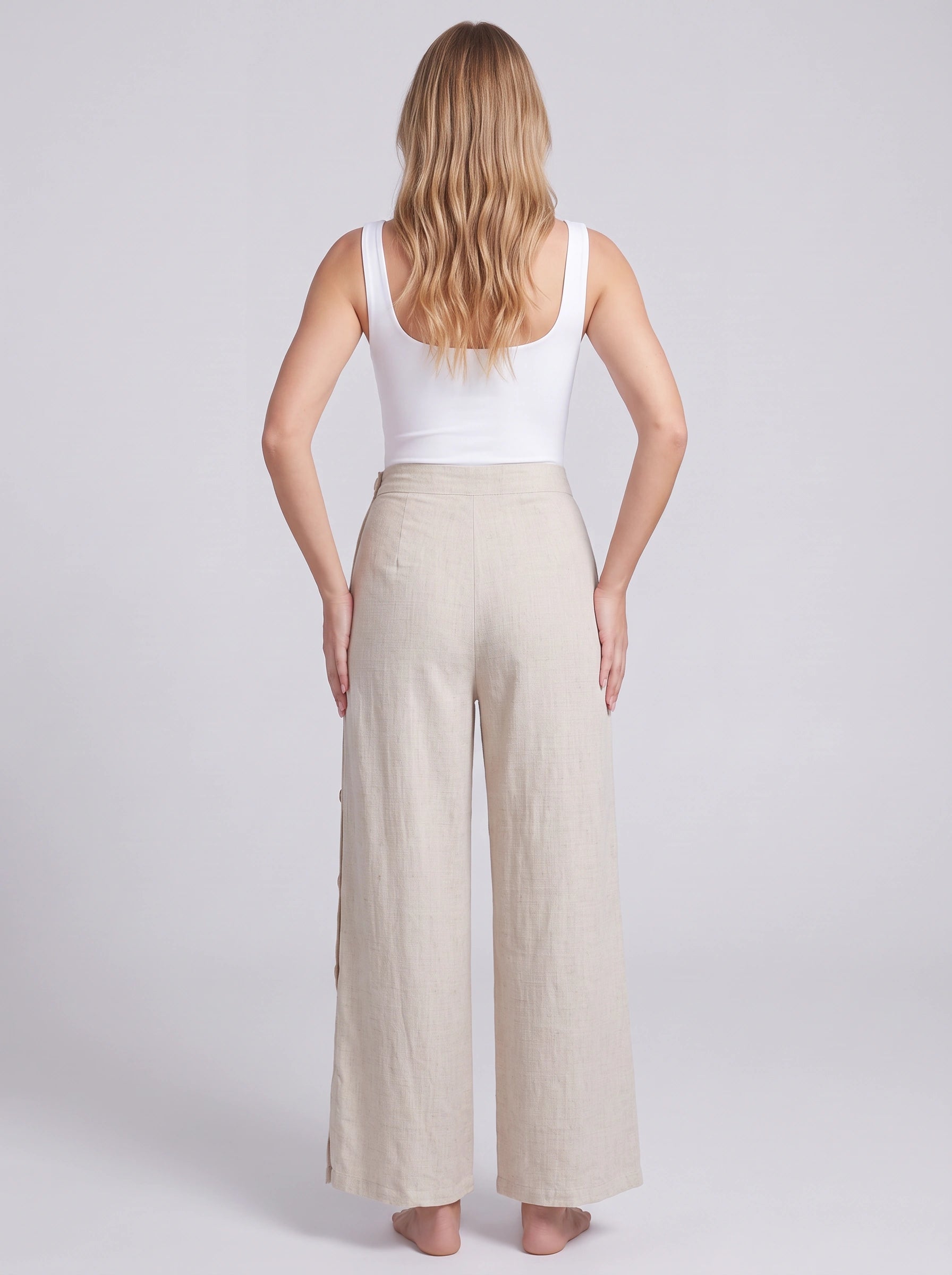 Pantalon Linaro en lin à jambes larges et détails boutonnés – Femme, taille haute, style casual de bureau, pantalon chic