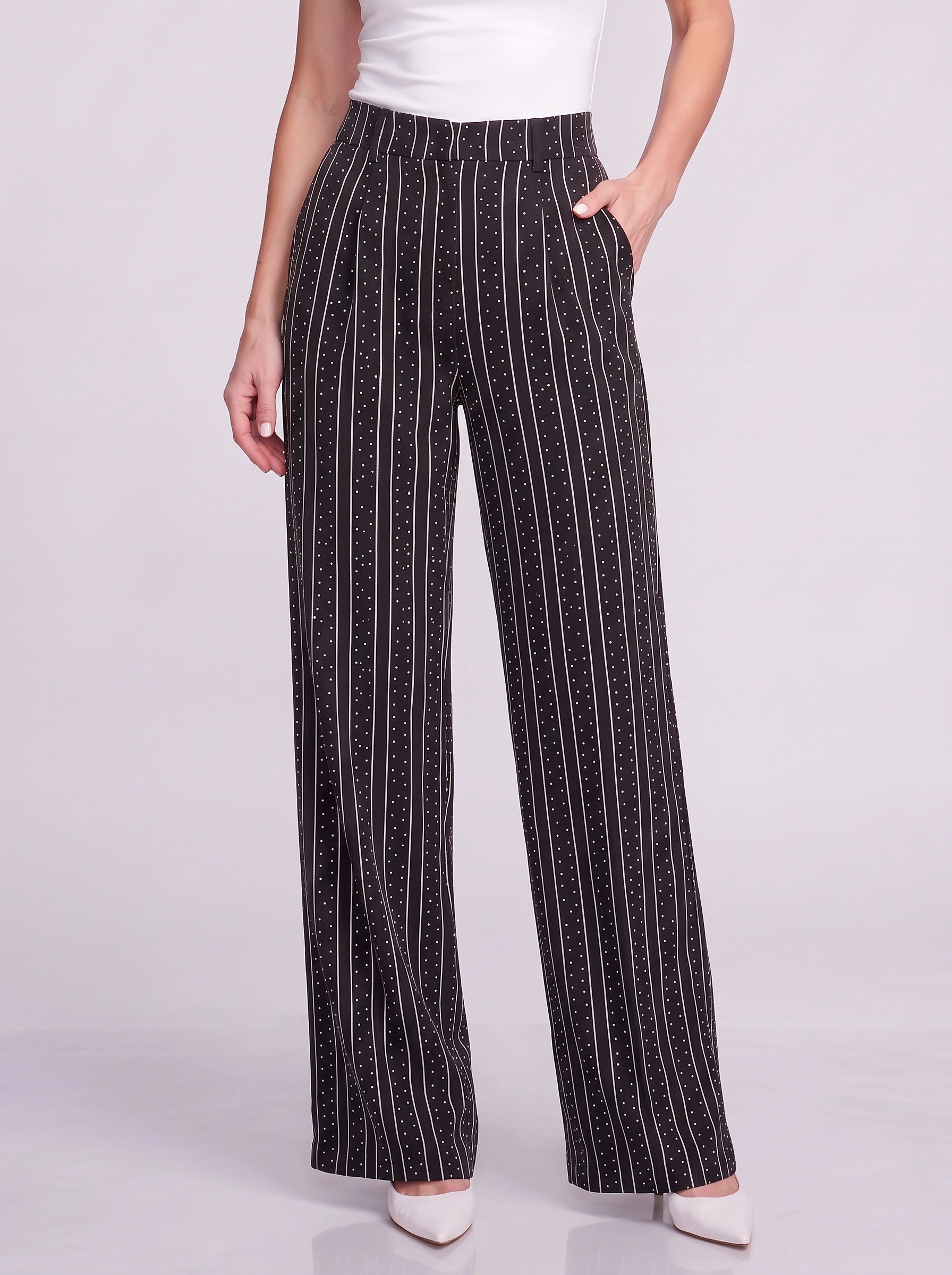 Pantalon taille haute à jambes larges Linestitch – Pantalon palazzo rayé et à pois pour femme, coupe ajustée et décontractée