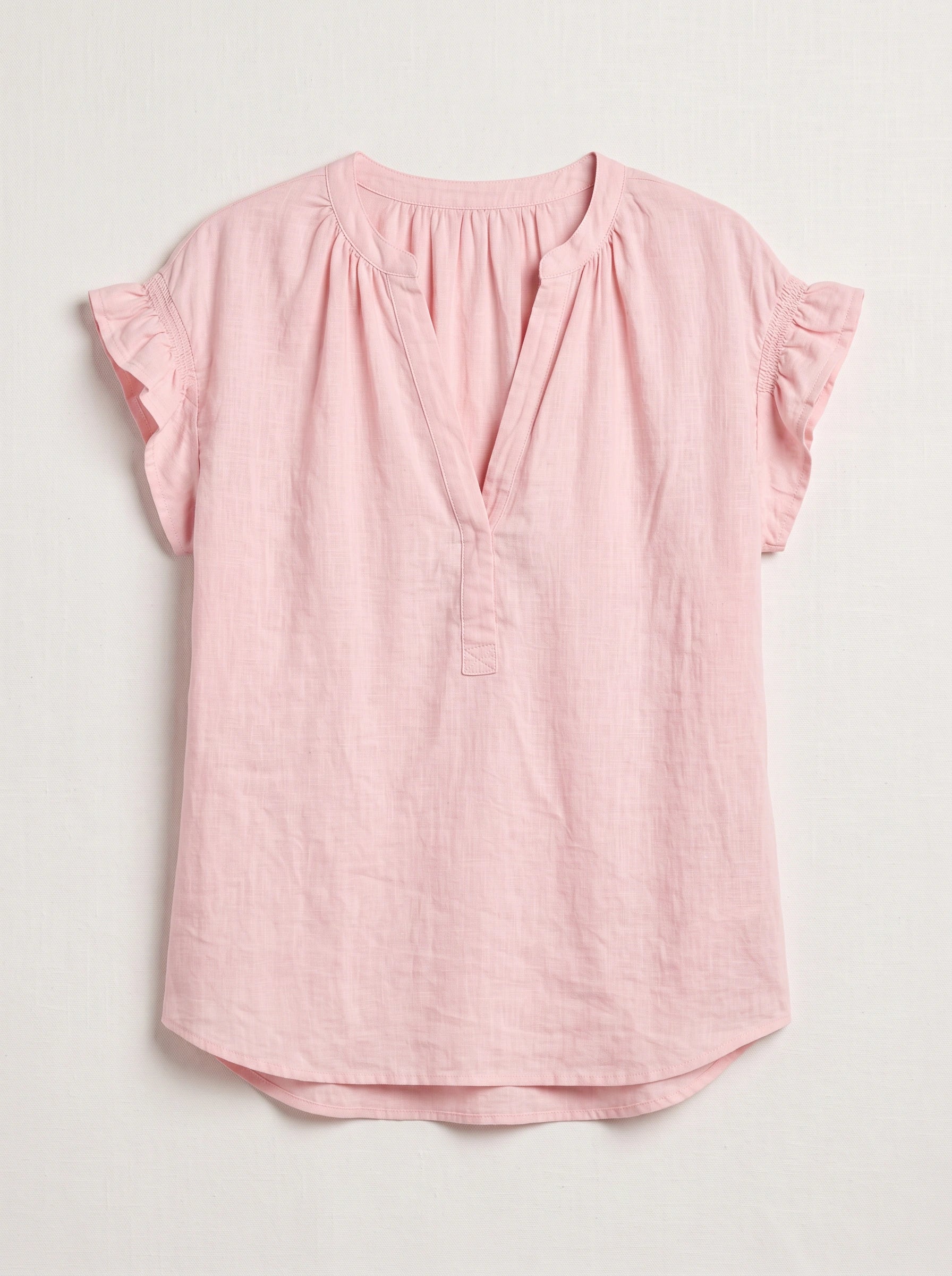 Blouse Ruffini à manches volantées et encolure en V – Blouse en lin pour femme, haut casual d’été à coupe décontractée