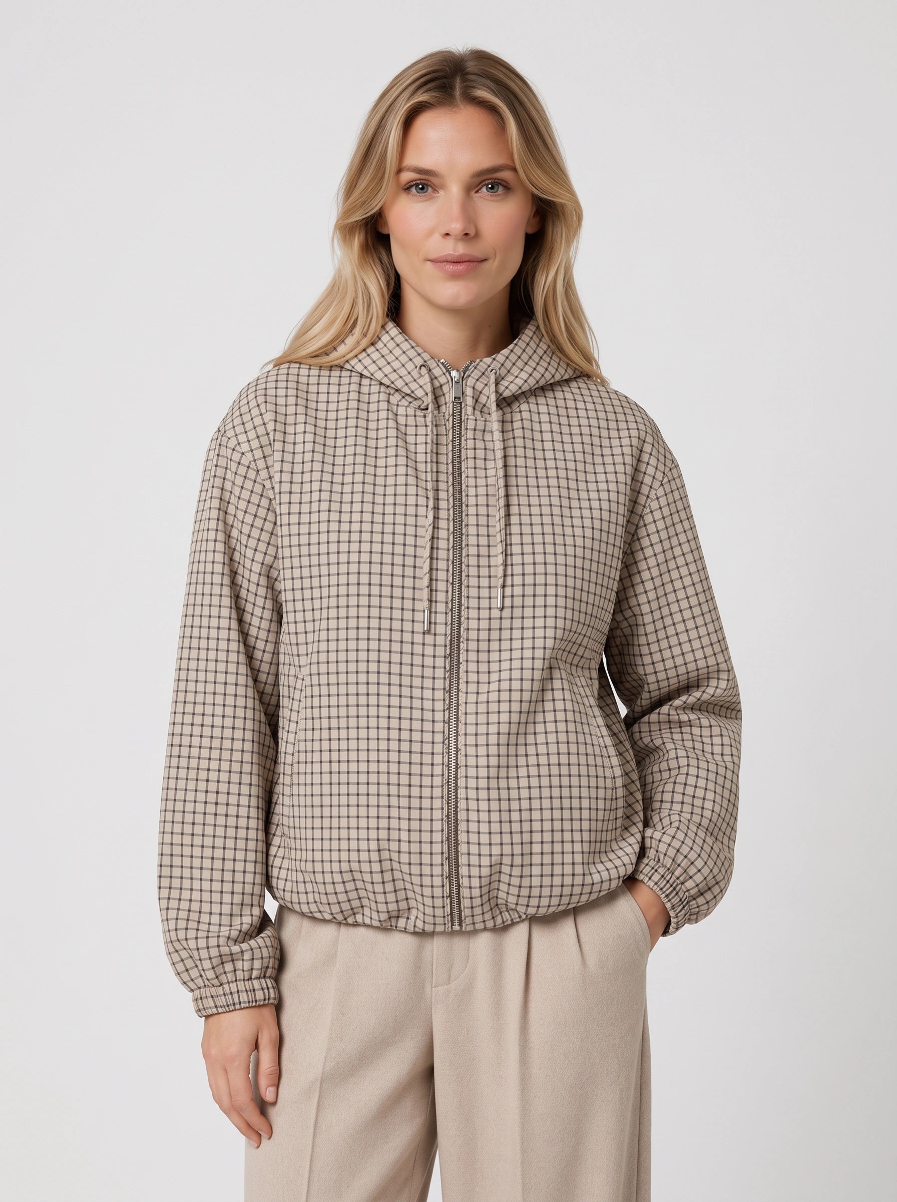 Veste courte à capuche à carreaux Gridwell – Femme, veste bomber zippée à capuche, style streetwear casual d’automne
