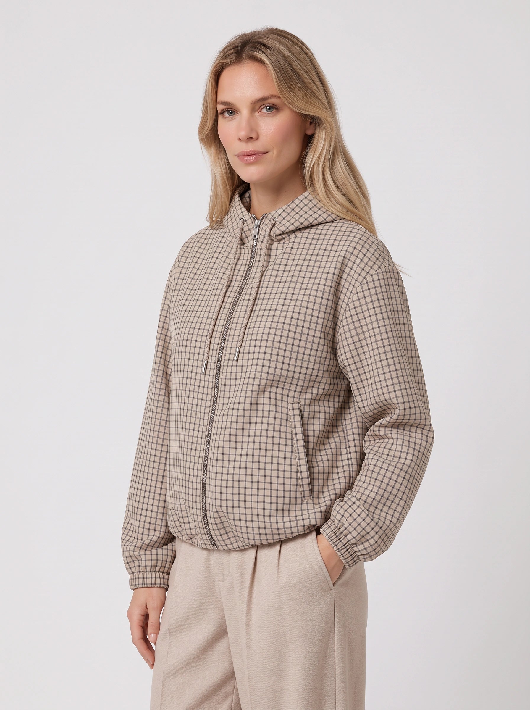 Veste courte à capuche à carreaux Gridwell – Femme, veste bomber zippée à capuche, style streetwear casual d’automne