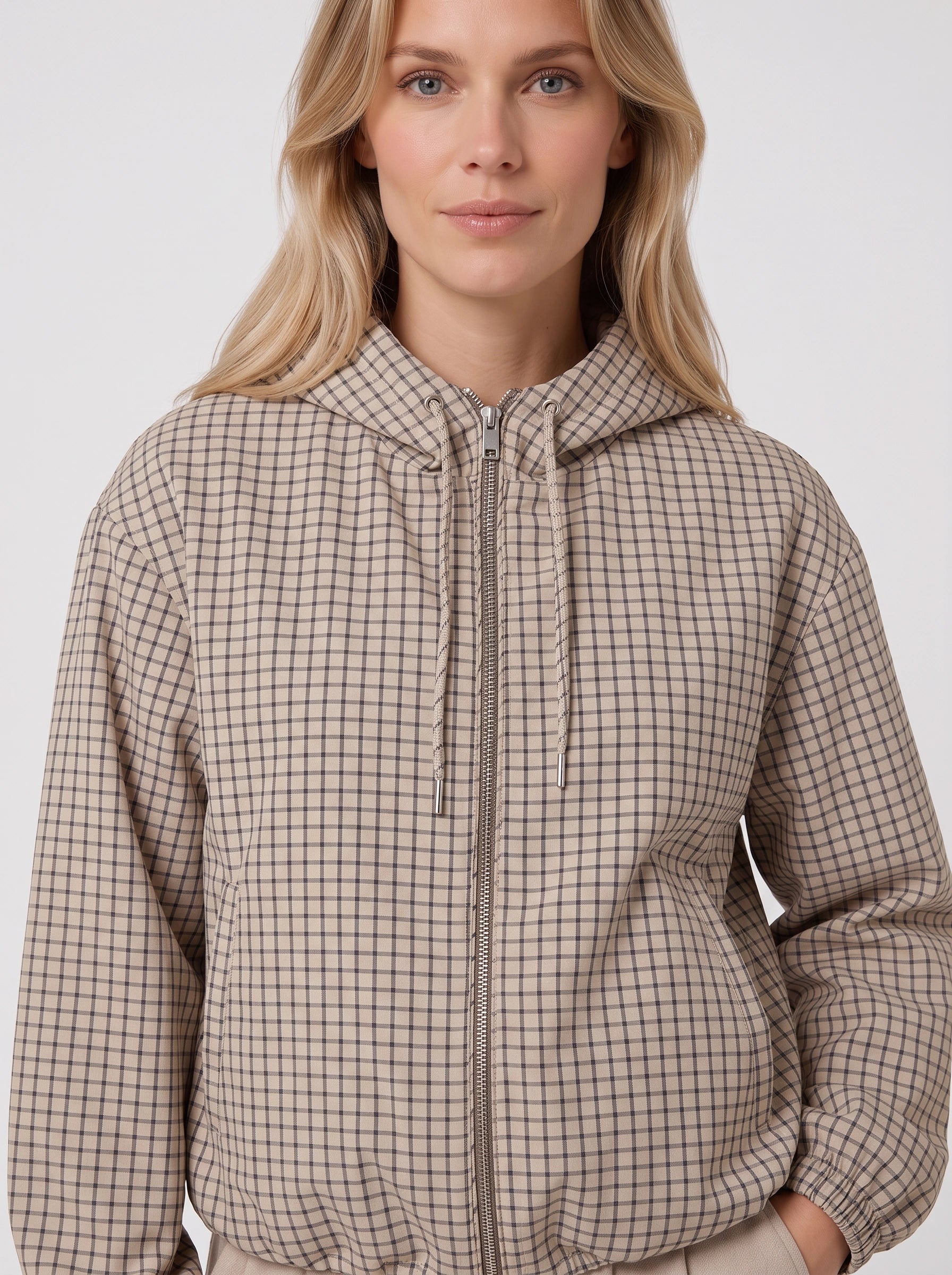 Veste courte à capuche à carreaux Gridwell – Femme, veste bomber zippée à capuche, style streetwear casual d’automne