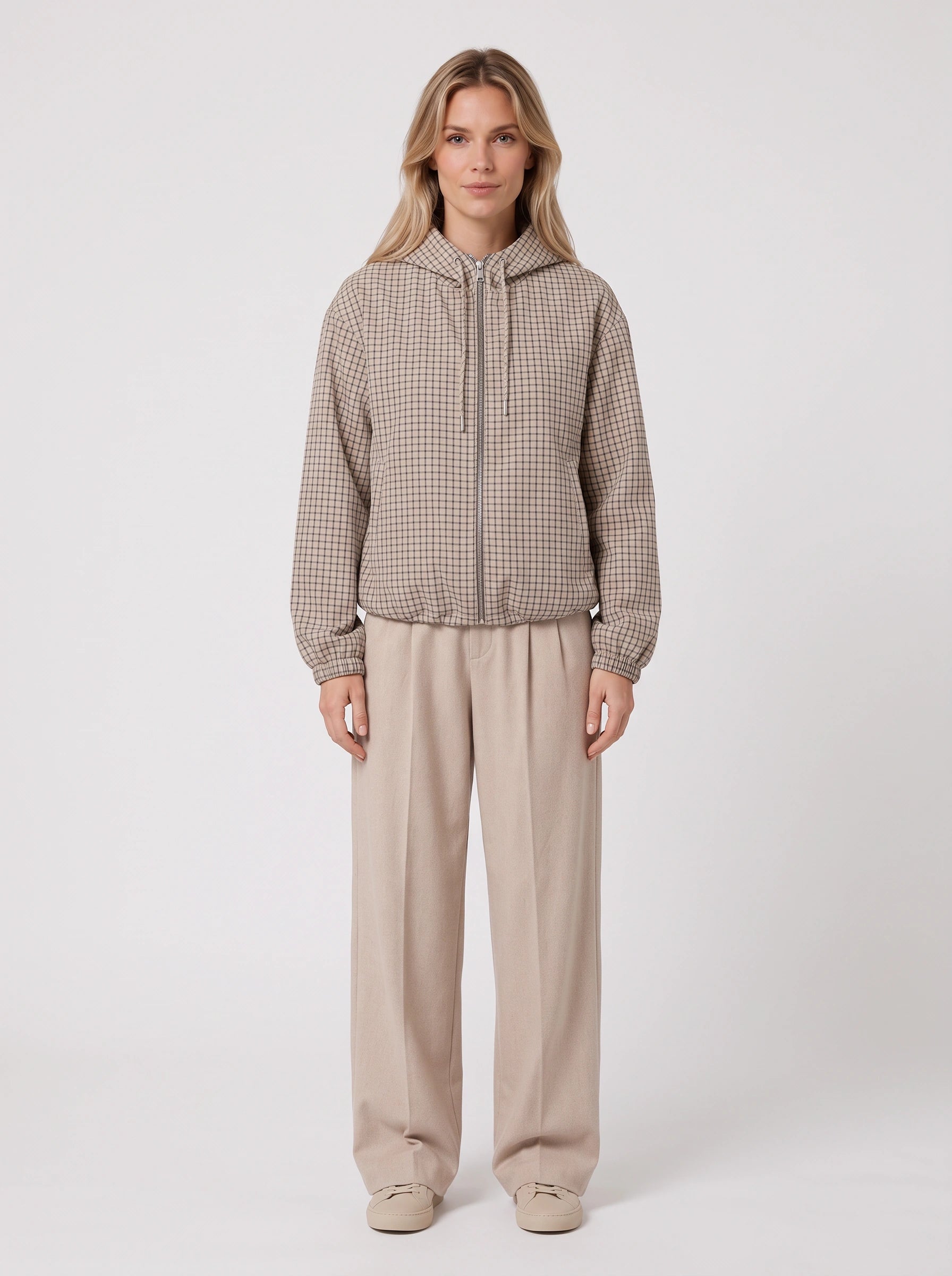 Veste courte à capuche à carreaux Gridwell – Femme, veste bomber zippée à capuche, style streetwear casual d’automne