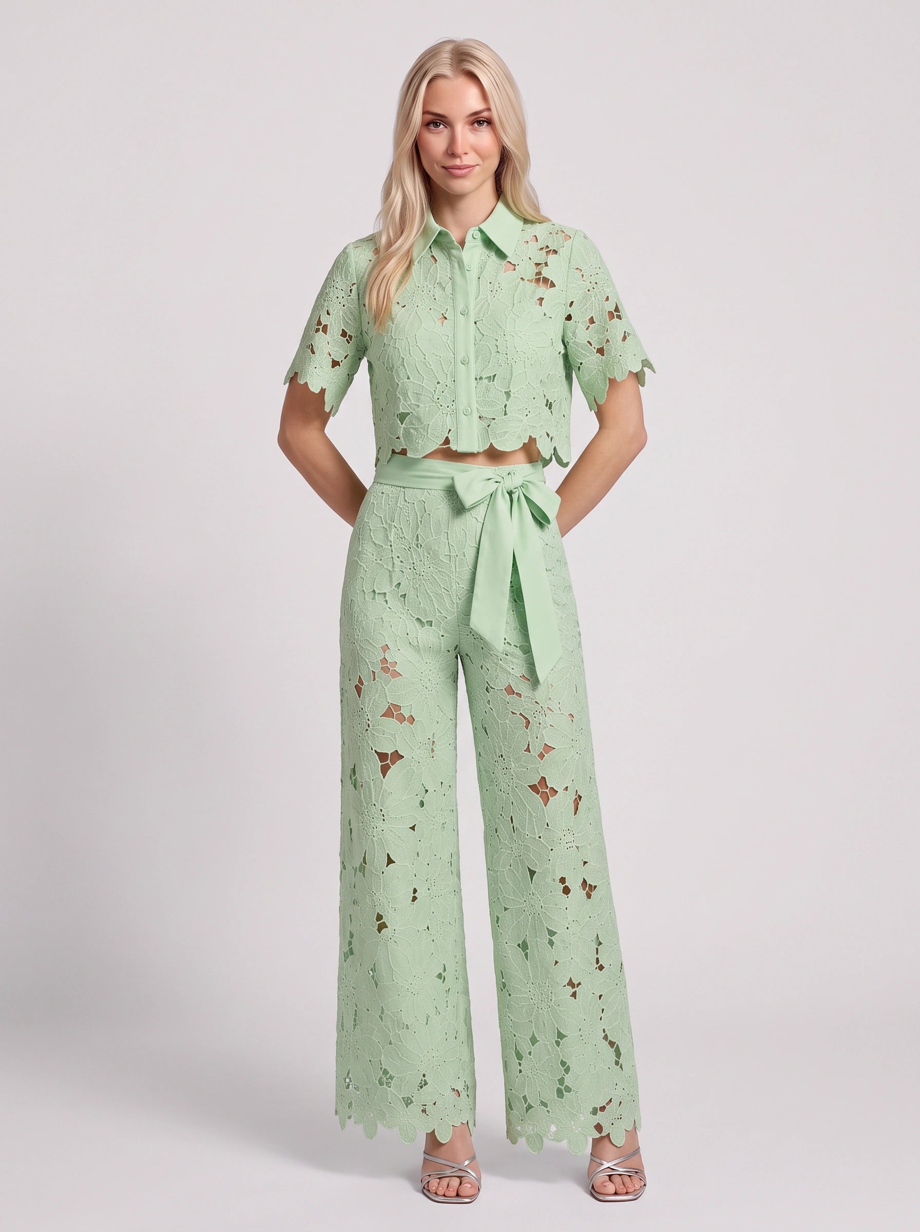 Ricamare Lace Crop Top Wide-Leg Trouser Set – Two Piece Sets Women Formal Evening Party Co-Ord Outfit