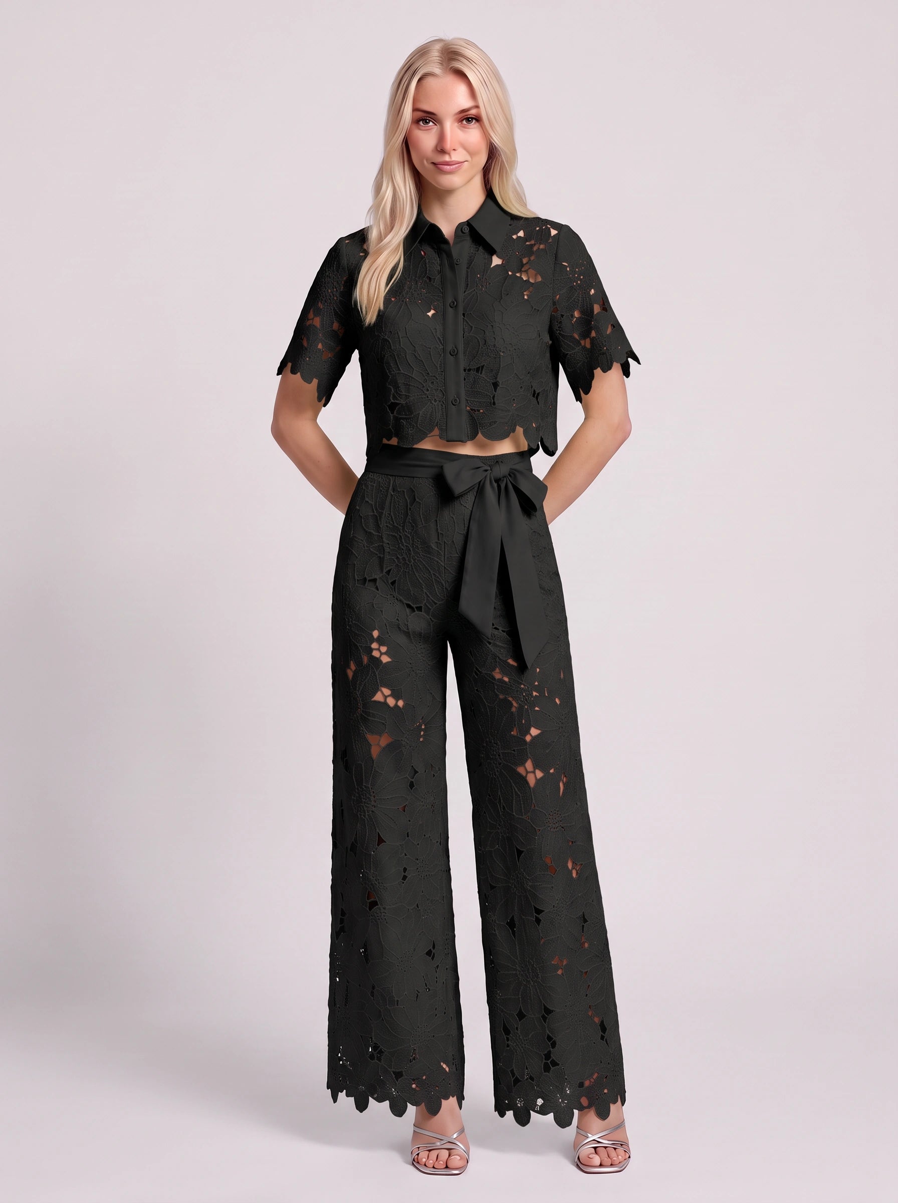 Ricamare Lace Crop Top Wide-Leg Trouser Set – Two Piece Sets Women Formal Evening Party Co-Ord Outfit