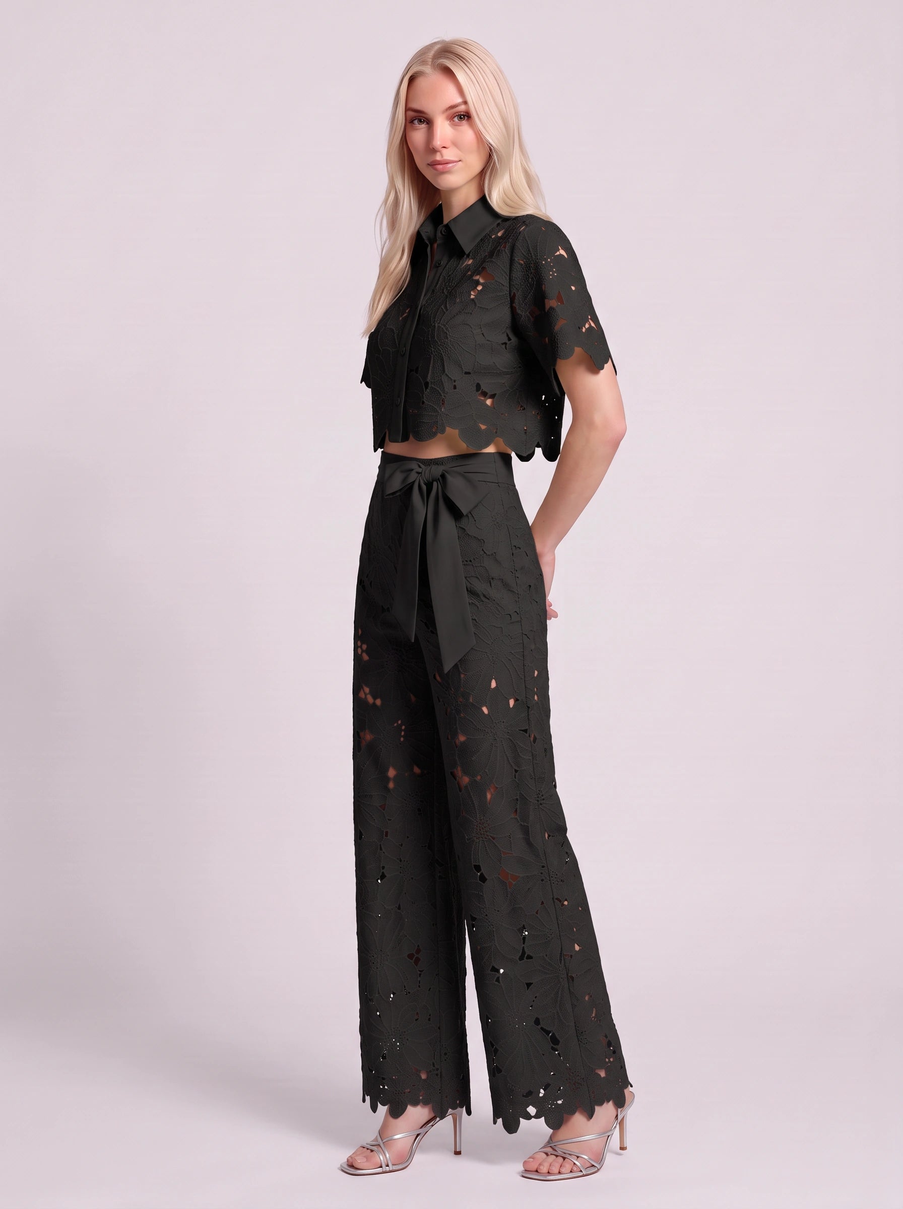 Ricamare Lace Crop Top Wide-Leg Trouser Set – Two Piece Sets Women Formal Evening Party Co-Ord Outfit