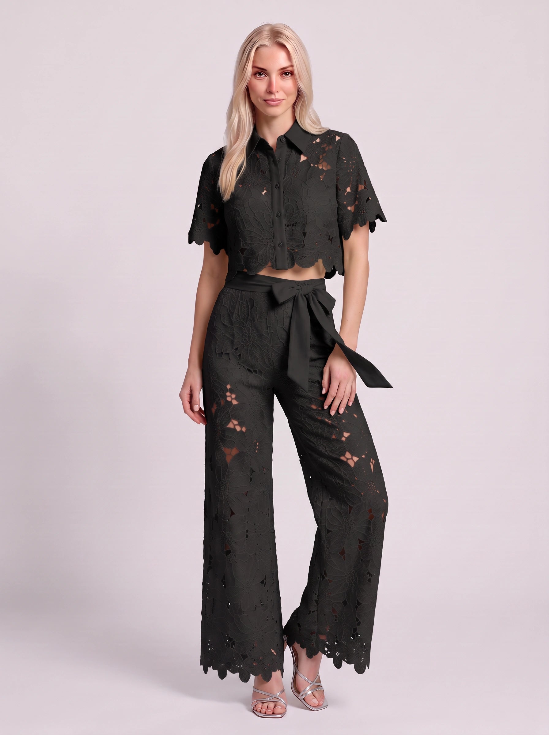 Ricamare Lace Crop Top Wide-Leg Trouser Set – Two Piece Sets Women Formal Evening Party Co-Ord Outfit