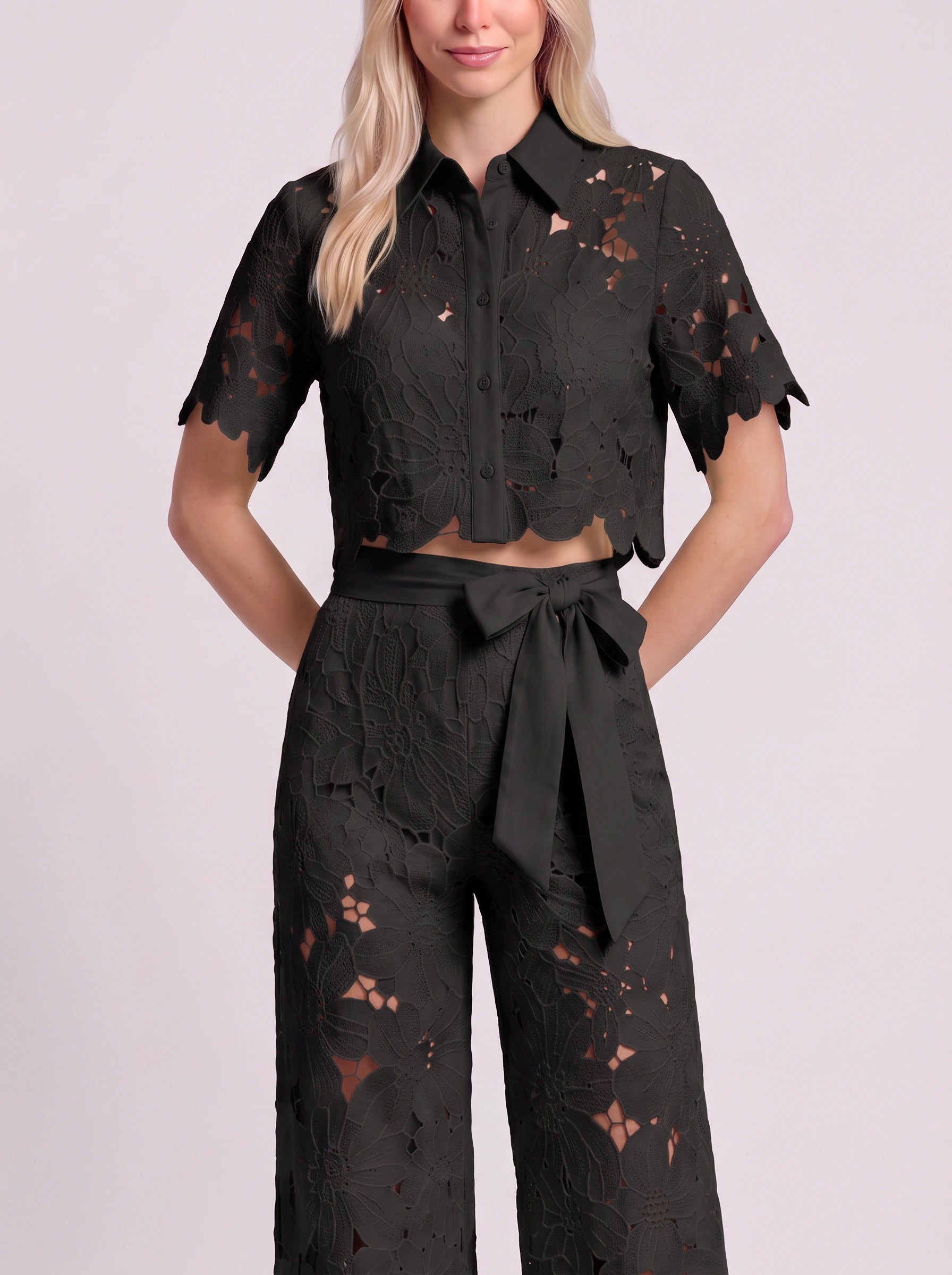 Ricamare Lace Crop Top Wide-Leg Trouser Set – Two Piece Sets Women Formal Evening Party Co-Ord Outfit