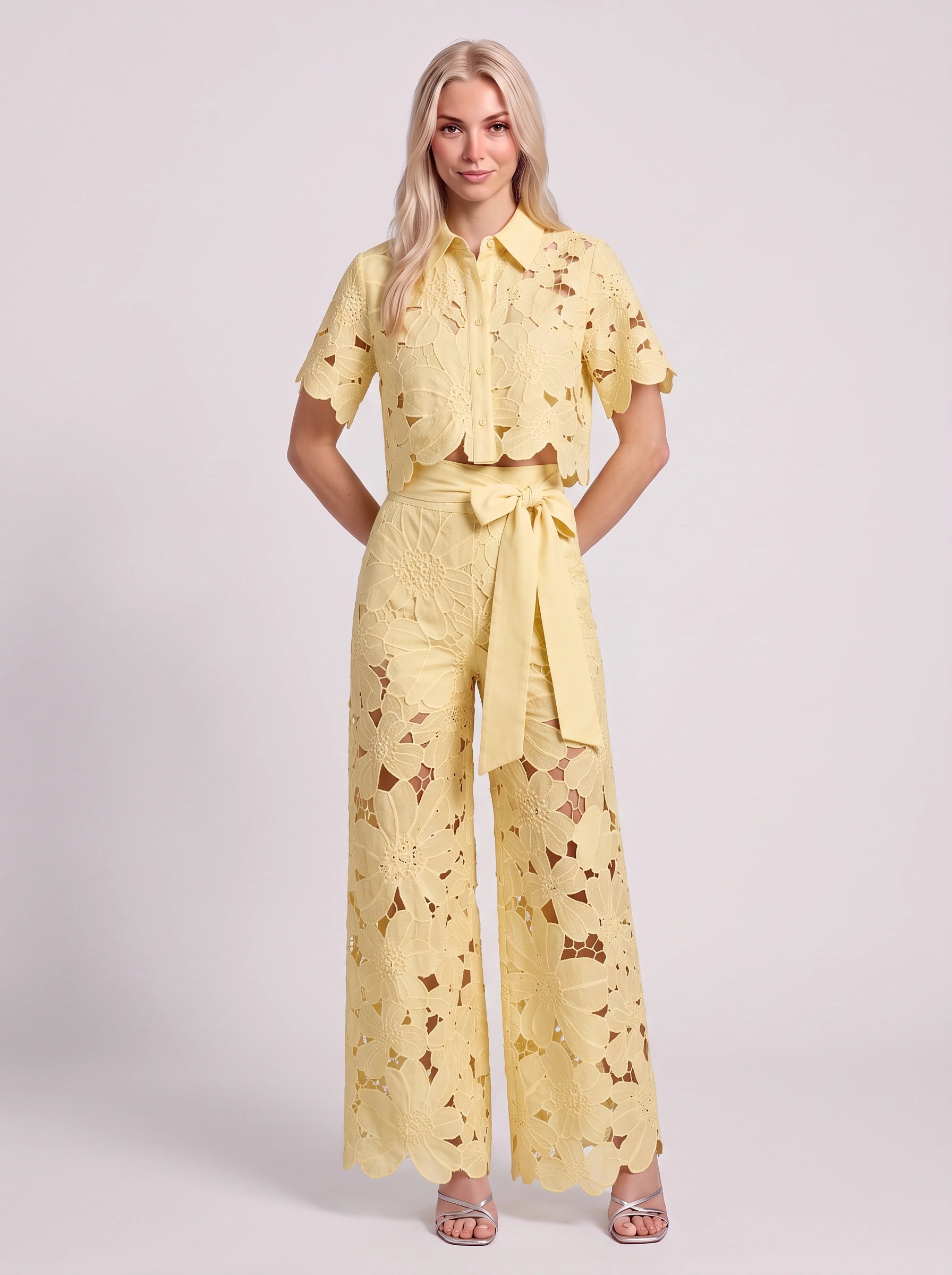 Ricamare Lace Crop Top Wide-Leg Trouser Set – Two Piece Sets Women Formal Evening Party Co-Ord Outfit