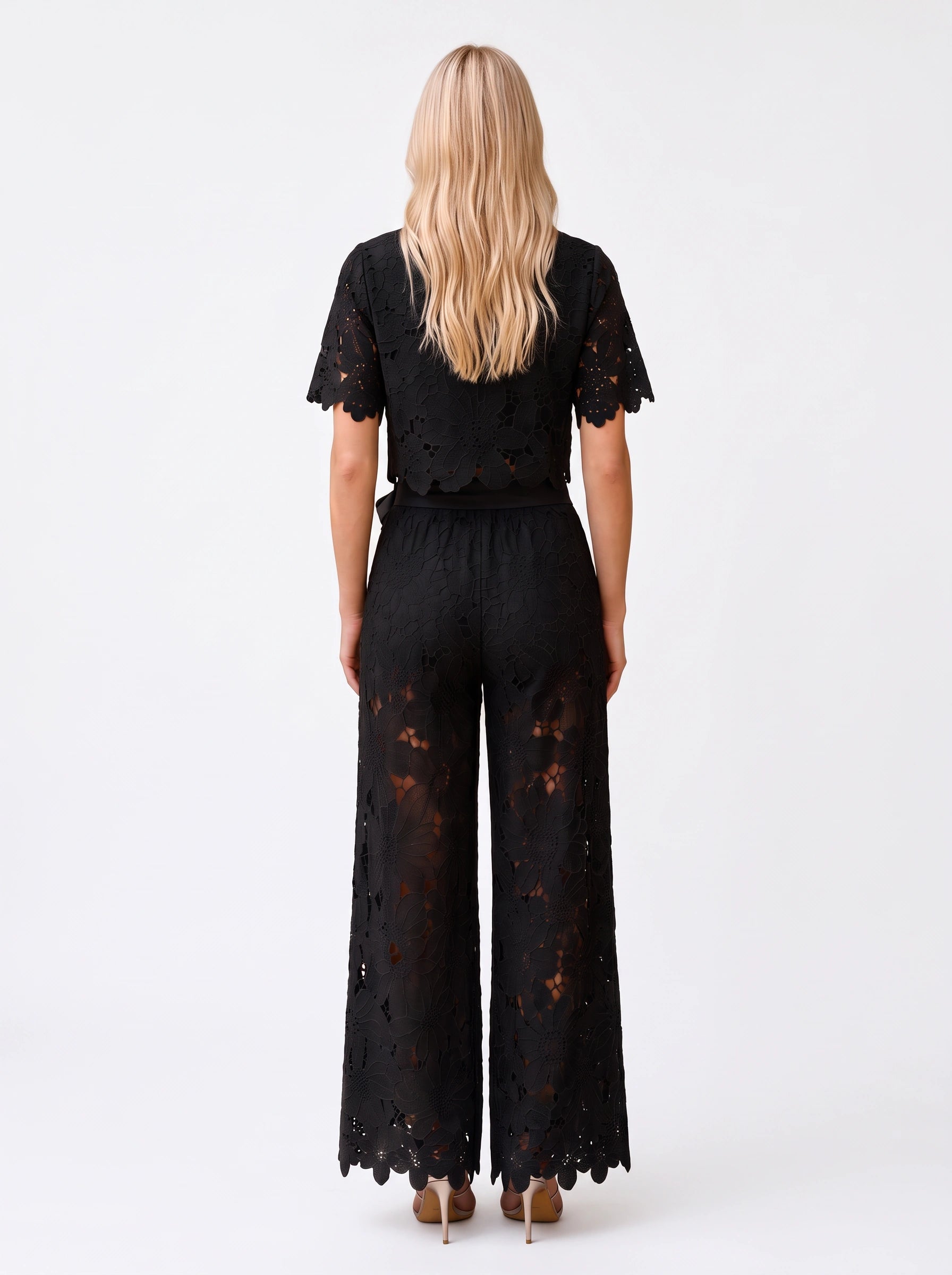 Ricamare Lace Crop Top Wide-Leg Trouser Set – Two Piece Sets Women Formal Evening Party Co-Ord Outfit