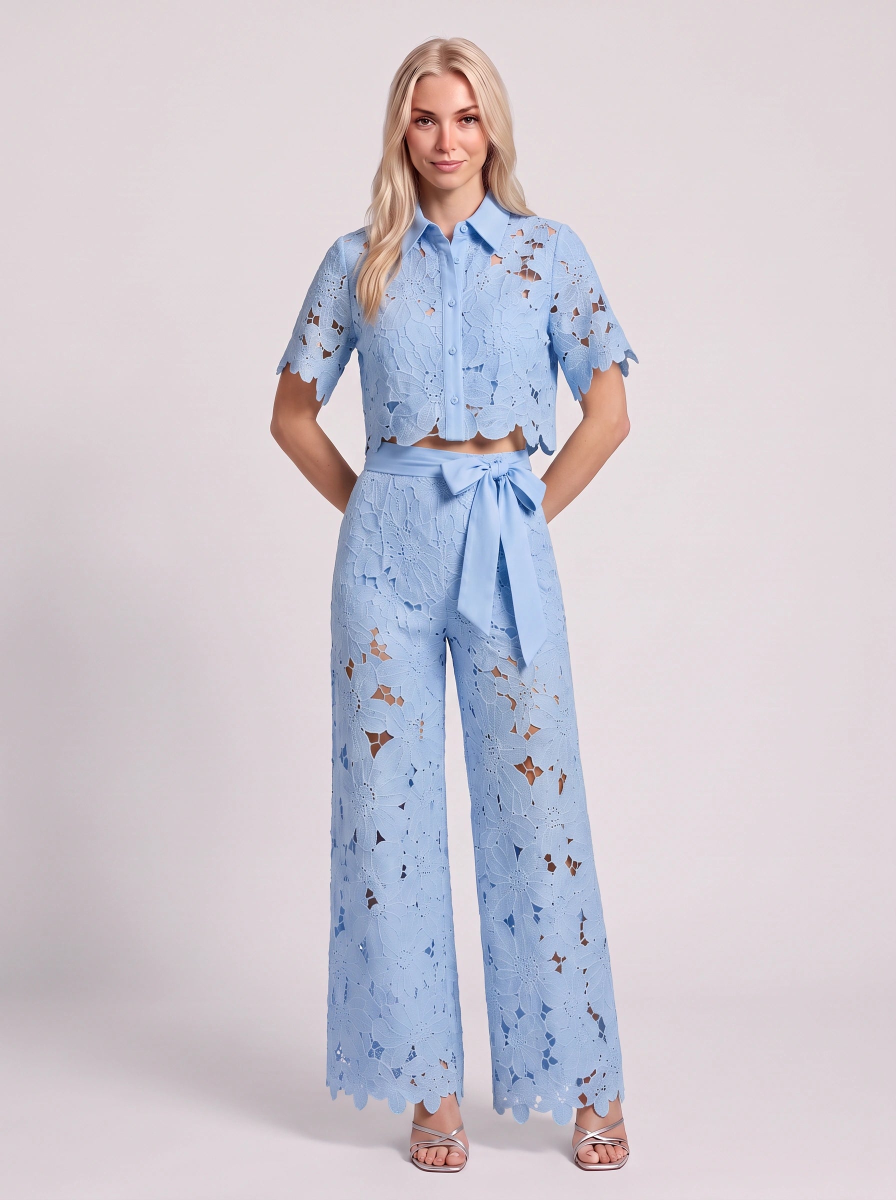 Ricamare Lace Crop Top Wide-Leg Trouser Set – Two Piece Sets Women Formal Evening Party Co-Ord Outfit