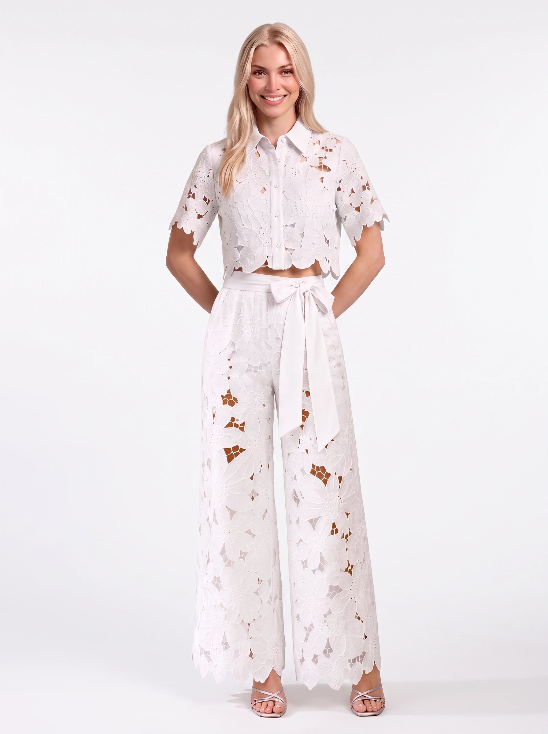 Ricamare Lace Crop Top Wide-Leg Trouser Set – Two Piece Sets Women Formal Evening Party Co-Ord Outfit