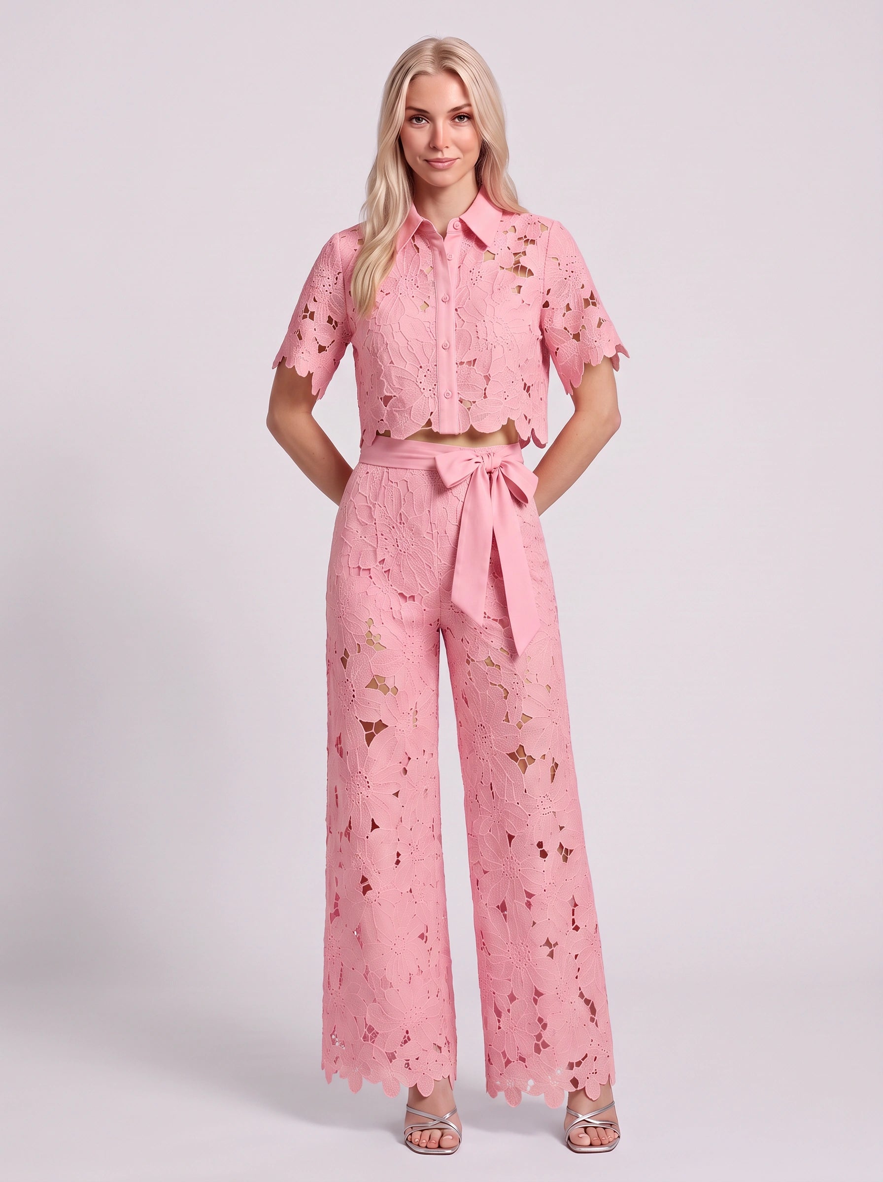 Ricamare Lace Crop Top Wide-Leg Trouser Set – Two Piece Sets Women Formal Evening Party Co-Ord Outfit