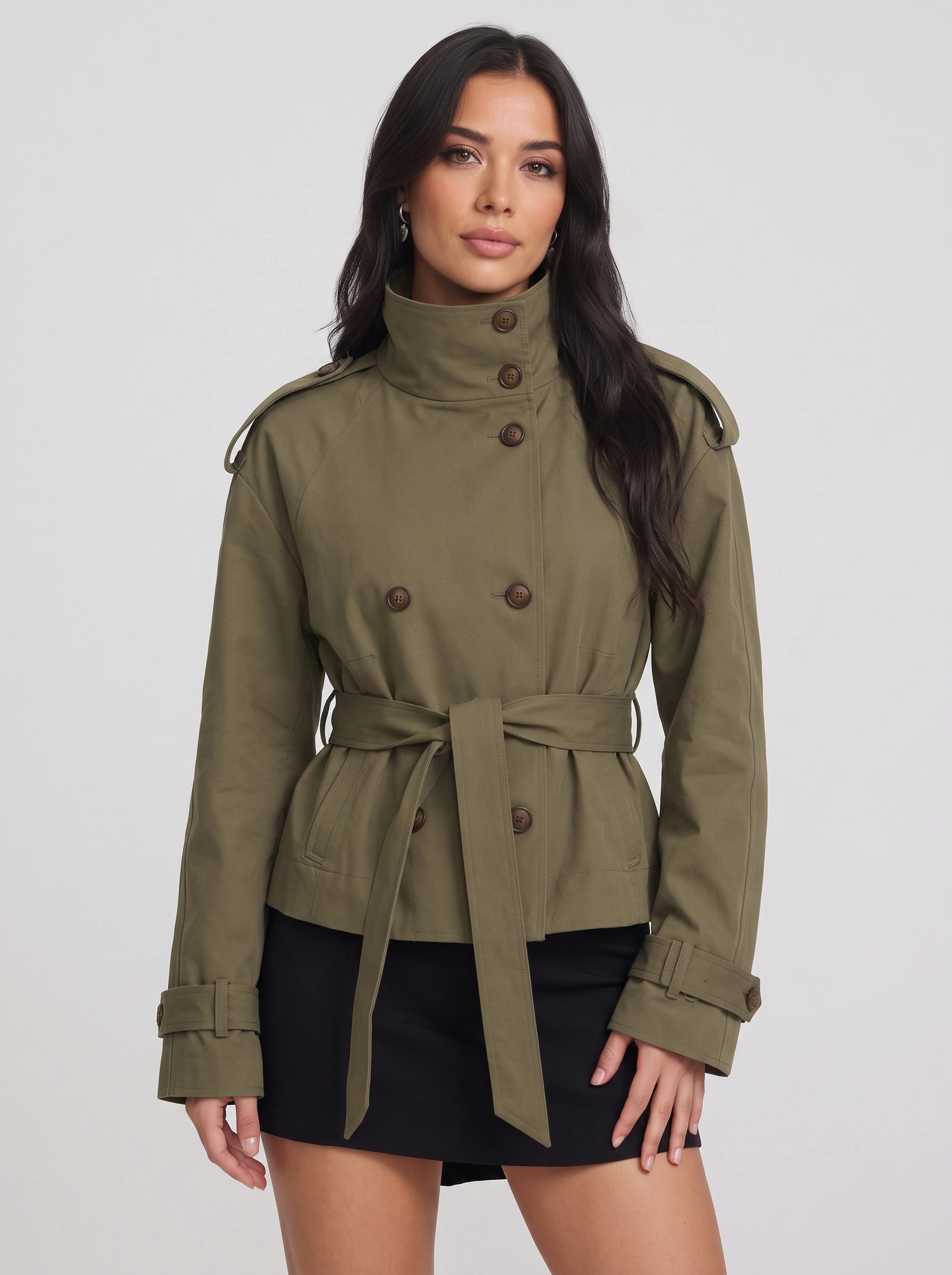 Brisen Belted Double-Breasted Trench Jacket – Belted Women Military Style Cropped Outerwear Formal Jacket