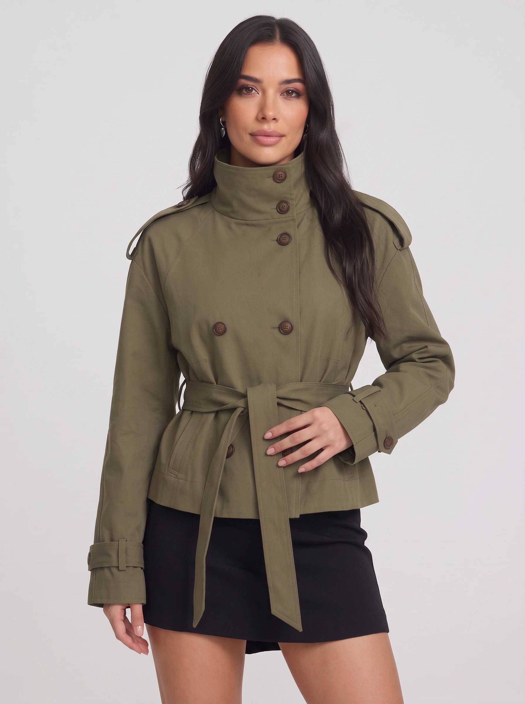 Brisen Belted Double-Breasted Trench Jacket – Belted Women Military Style Cropped Outerwear Formal Jacket