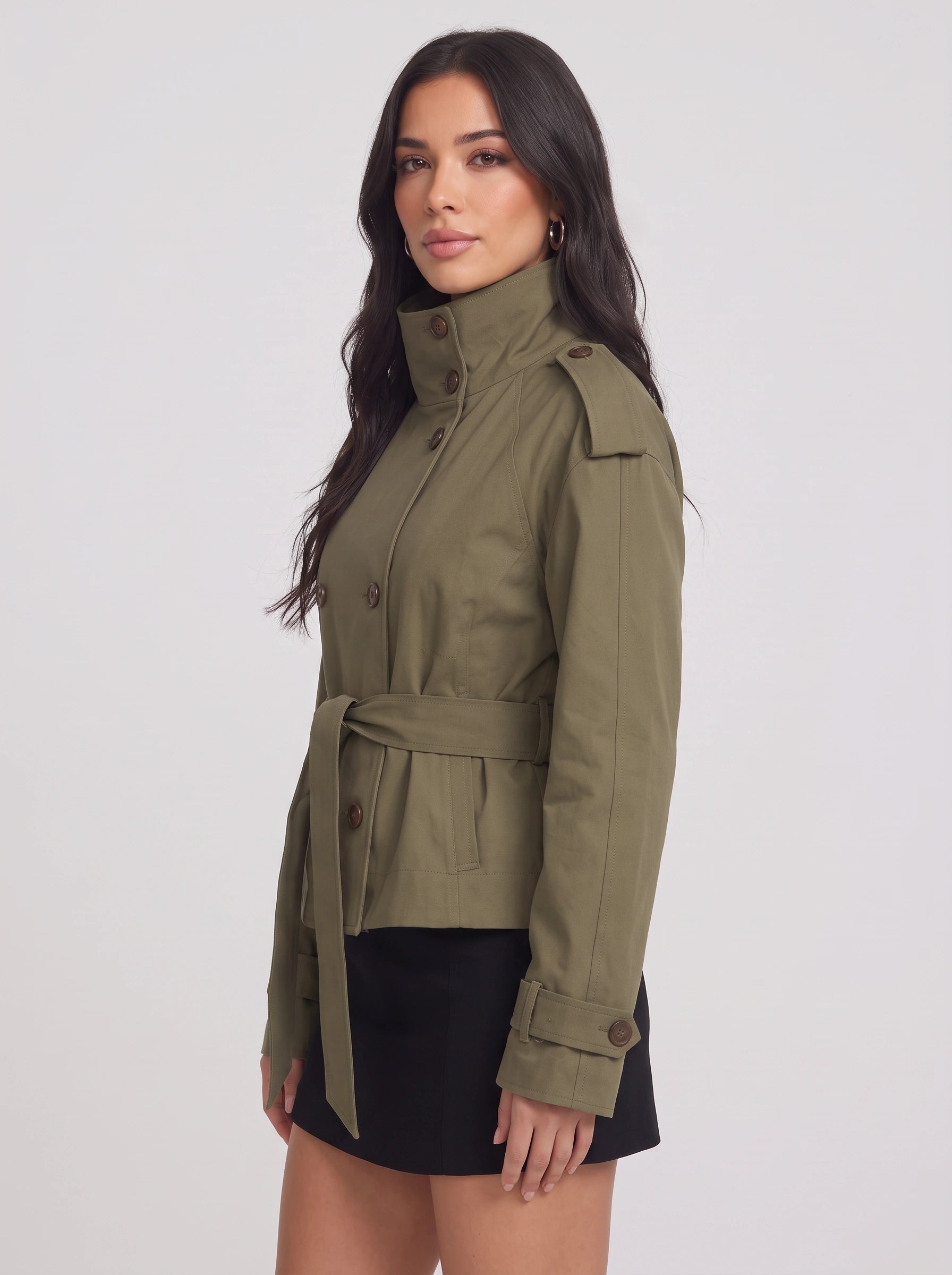 Brisen Belted Double-Breasted Trench Jacket – Belted Women Military Style Cropped Outerwear Formal Jacket