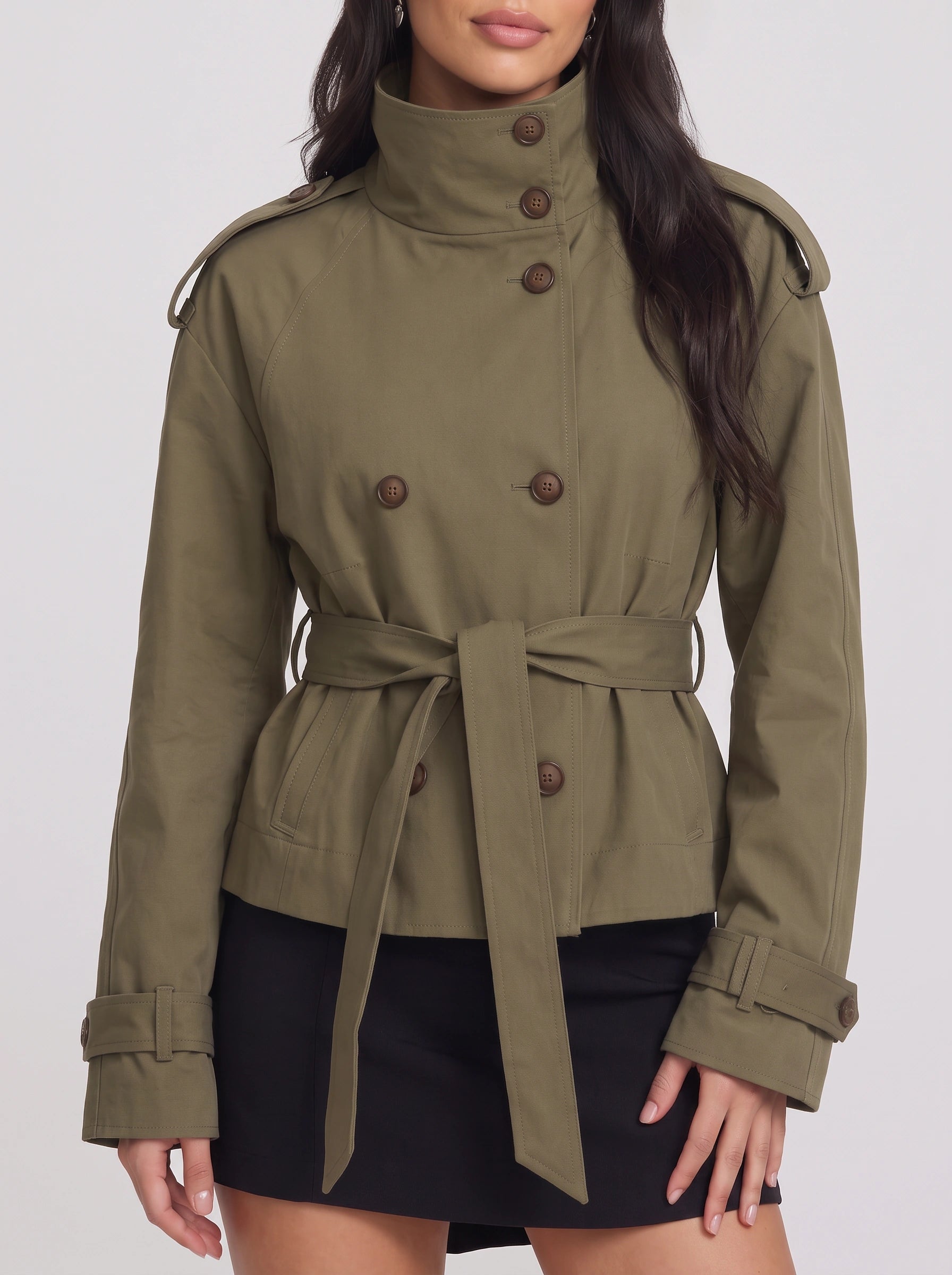 Brisen Belted Double-Breasted Trench Jacket – Belted Women Military Style Cropped Outerwear Formal Jacket