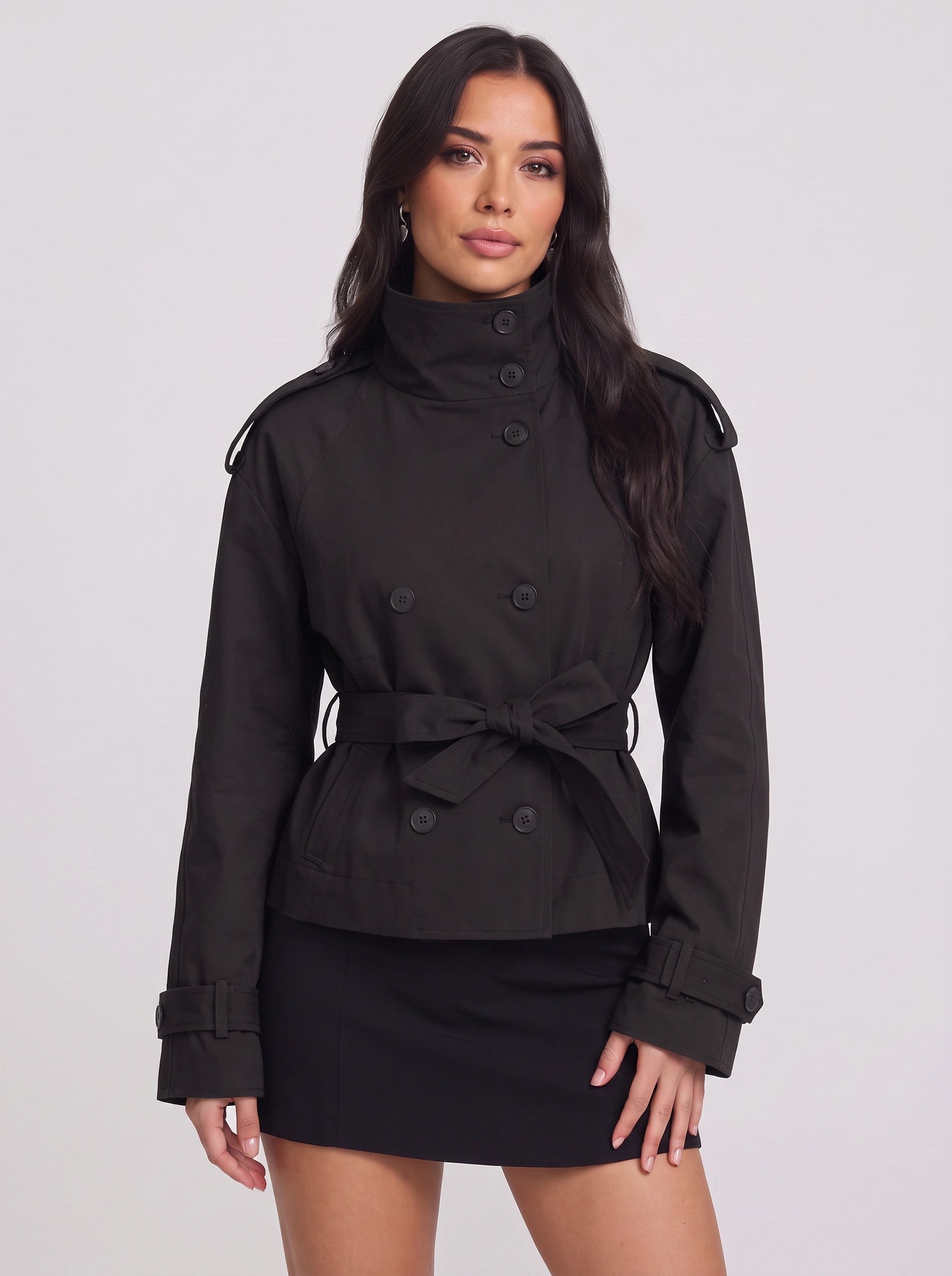 Brisen Belted Double-Breasted Trench Jacket – Belted Women Military Style Cropped Outerwear Formal Jacket