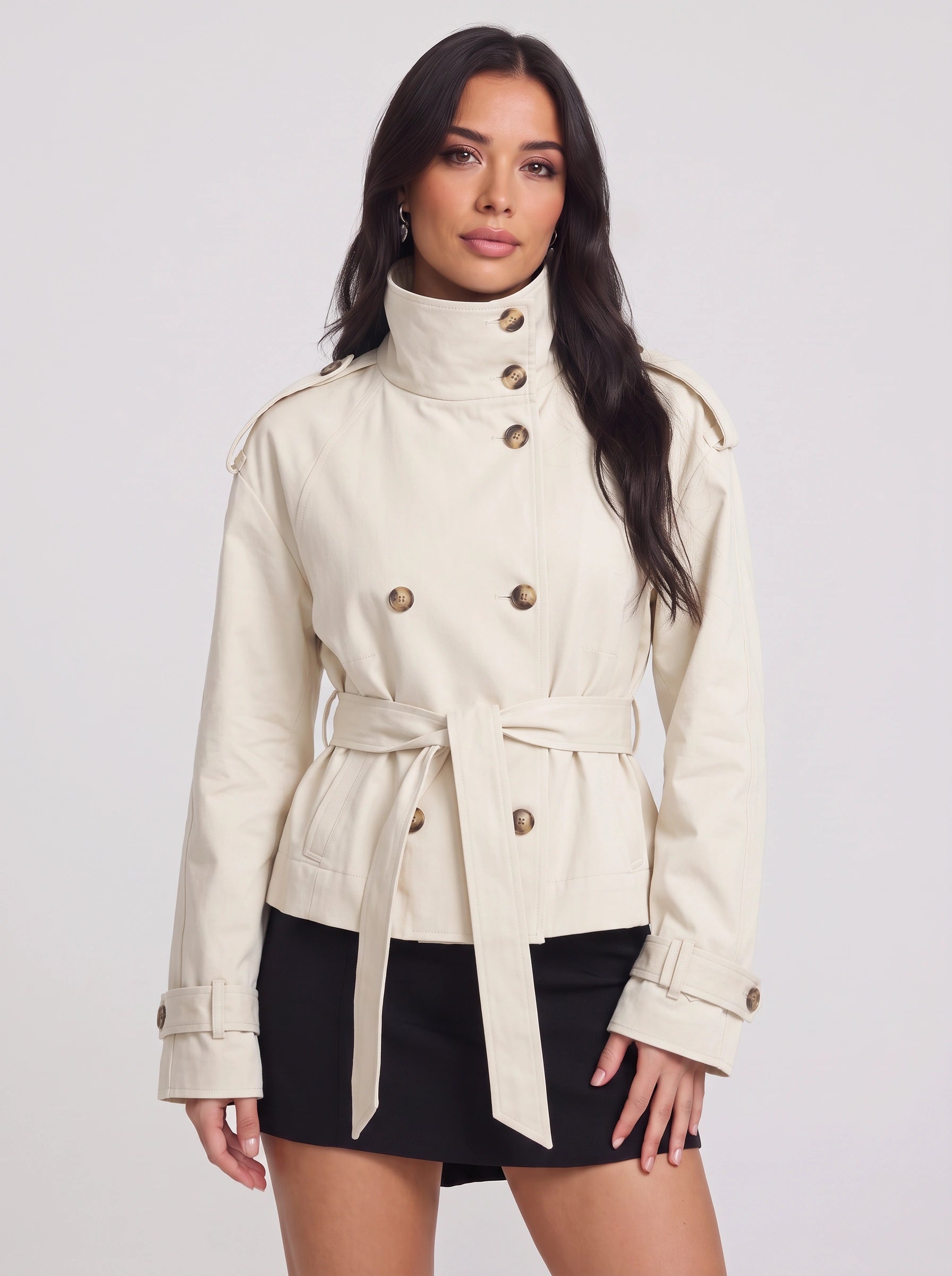 Brisen Belted Double-Breasted Trench Jacket – Belted Women Military Style Cropped Outerwear Formal Jacket