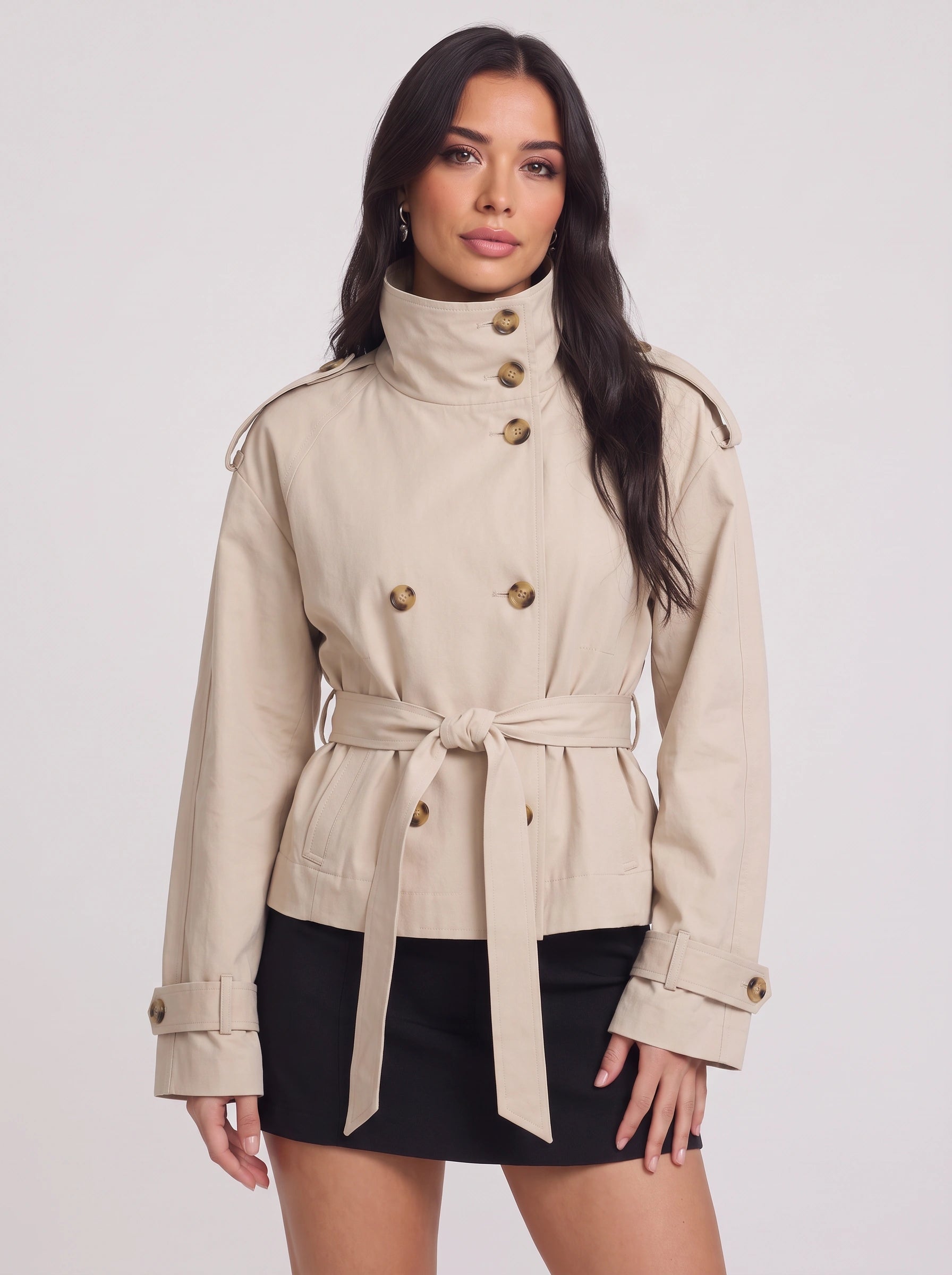 Brisen Belted Double-Breasted Trench Jacket – Belted Women Military Style Cropped Outerwear Formal Jacket