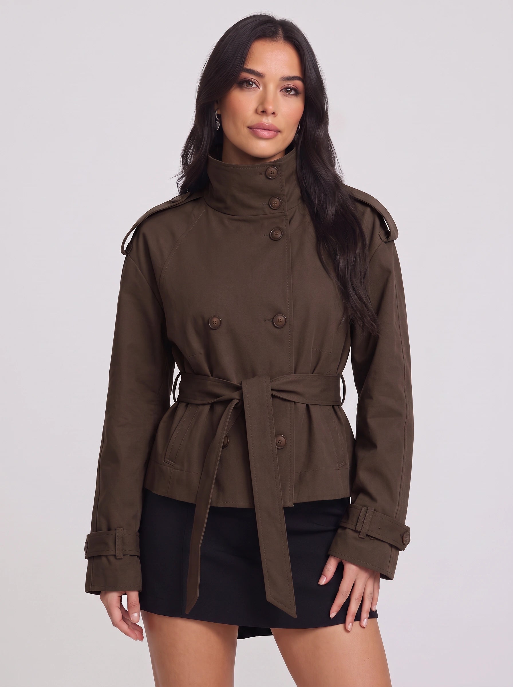 Brisen Belted Double-Breasted Trench Jacket – Belted Women Military Style Cropped Outerwear Formal Jacket