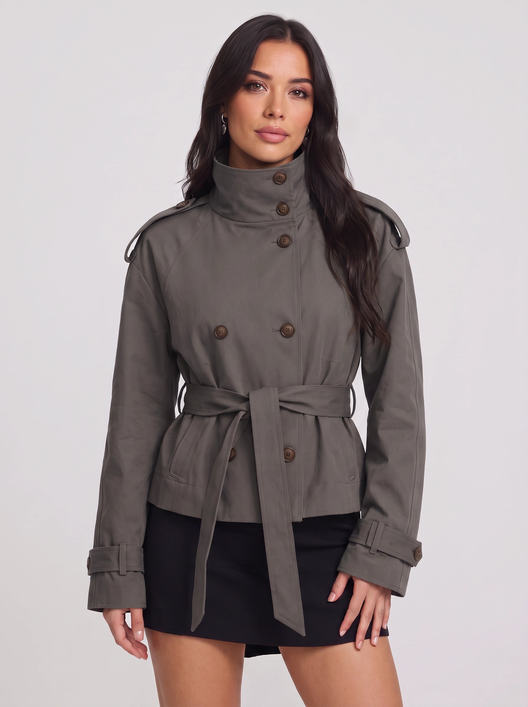 Brisen Belted Double-Breasted Trench Jacket – Belted Women Military Style Cropped Outerwear Formal Jacket