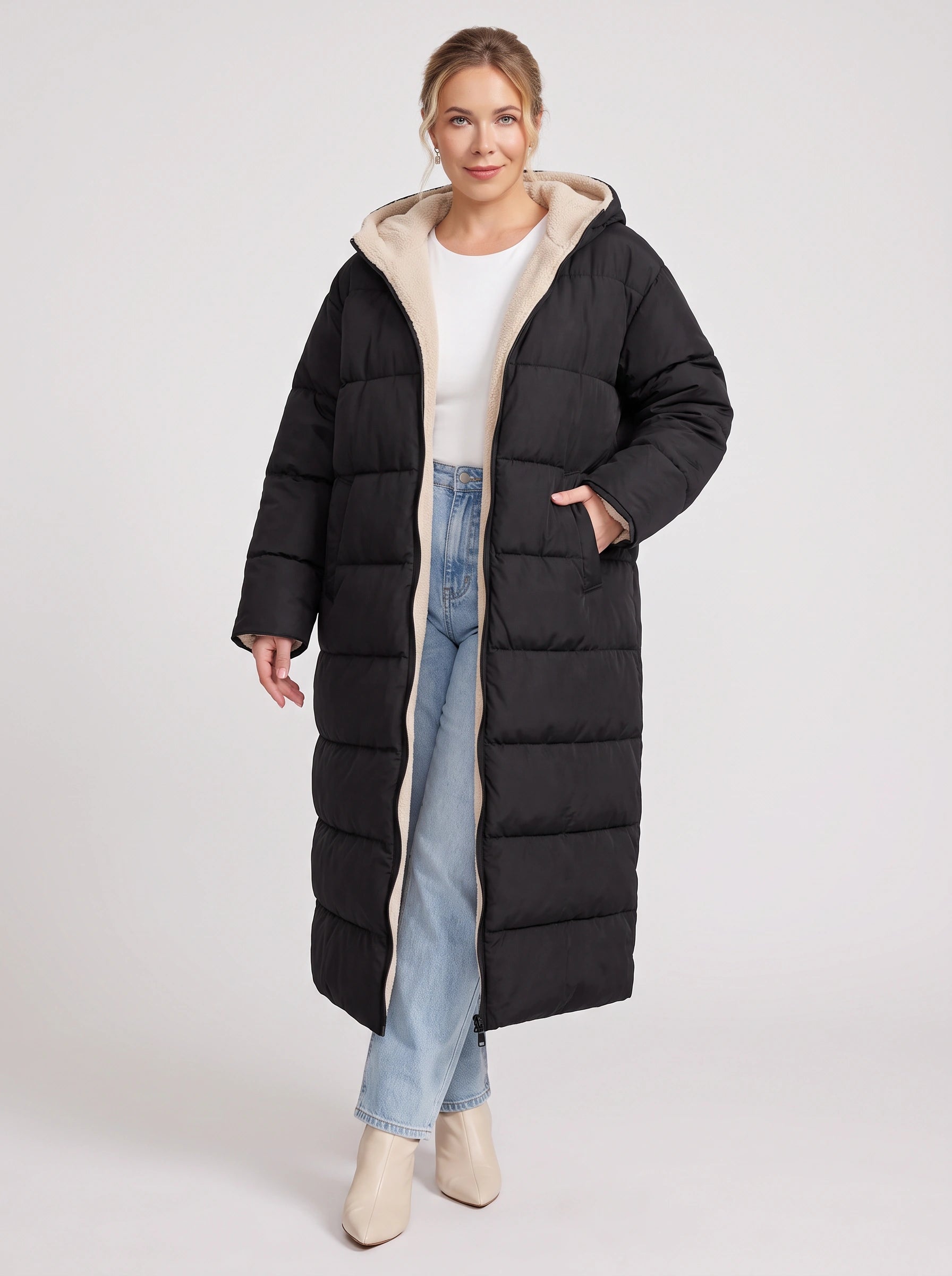 Norvento Oversized Hooded Longline Puffer Coat – Quilted Sherpa Lined Women Winter Outerwear Ladies Maxi Puffer Jacket
