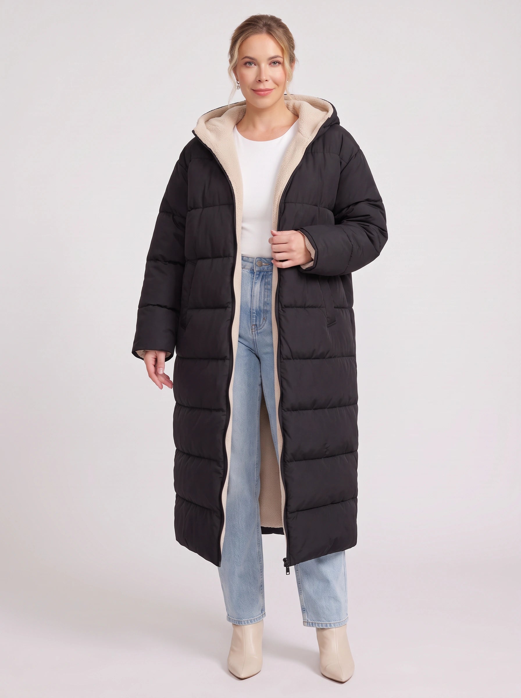 Norvento Oversized Hooded Longline Puffer Coat – Quilted Sherpa Lined Women Winter Outerwear Ladies Maxi Puffer Jacket